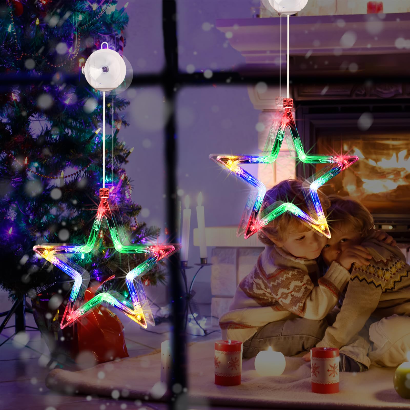 Qedertek Luci di Natale - 10 LED Tenda Luminosa, Tenda Luci Natalizie a Batteria, Colorate, Timer, Luci Natale Decorativa per Albero di Natale, Finestra, Porta, Matrimonio, Bar (2Pcs)
