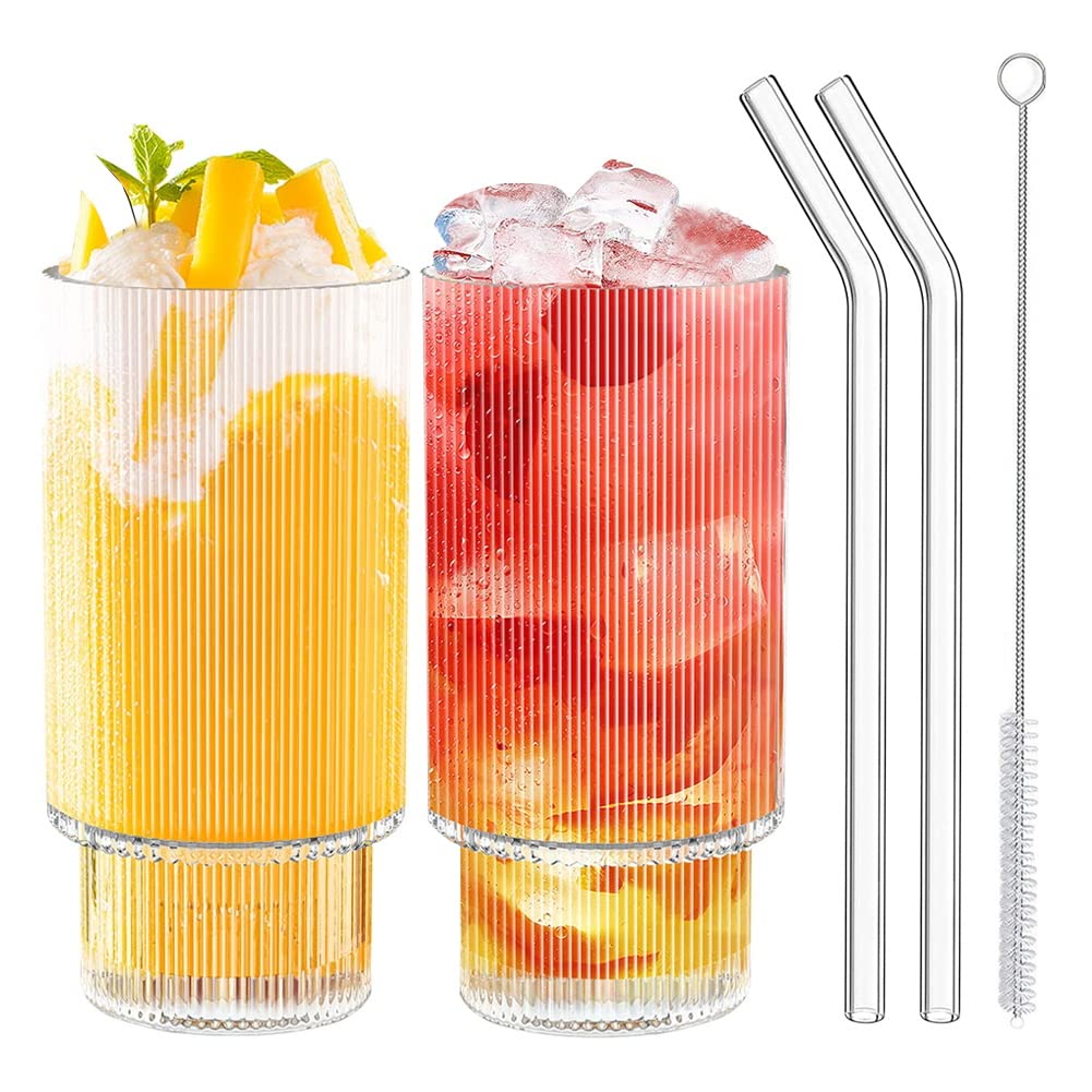 2 Pack 600ml Ribbed Glass Cups With Straws And Lids Refillable Tumblers For Smoothies Juices Tea Latte And More