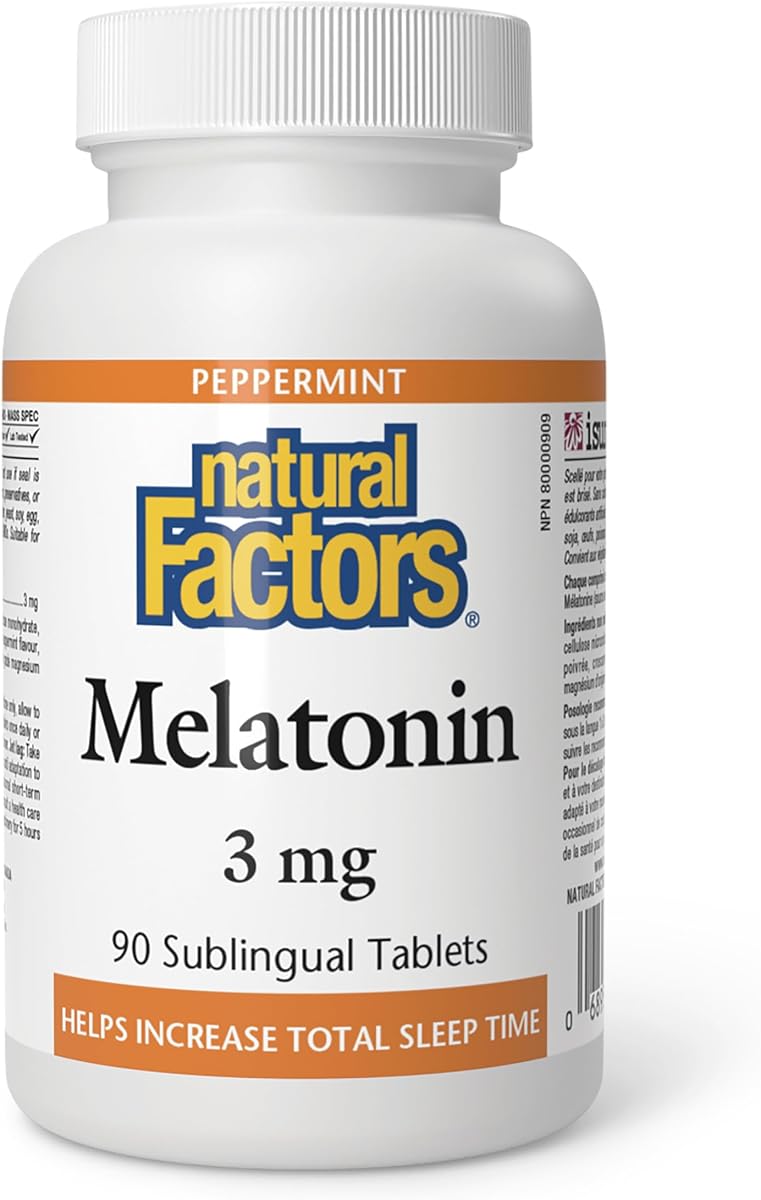 Natural Factors Melatonin 3 mg, 90 Sublingual Tablets, Peppermint Flavour, Helps Increase Total Sleep Time, Vegetarian, Proudly Canadian
