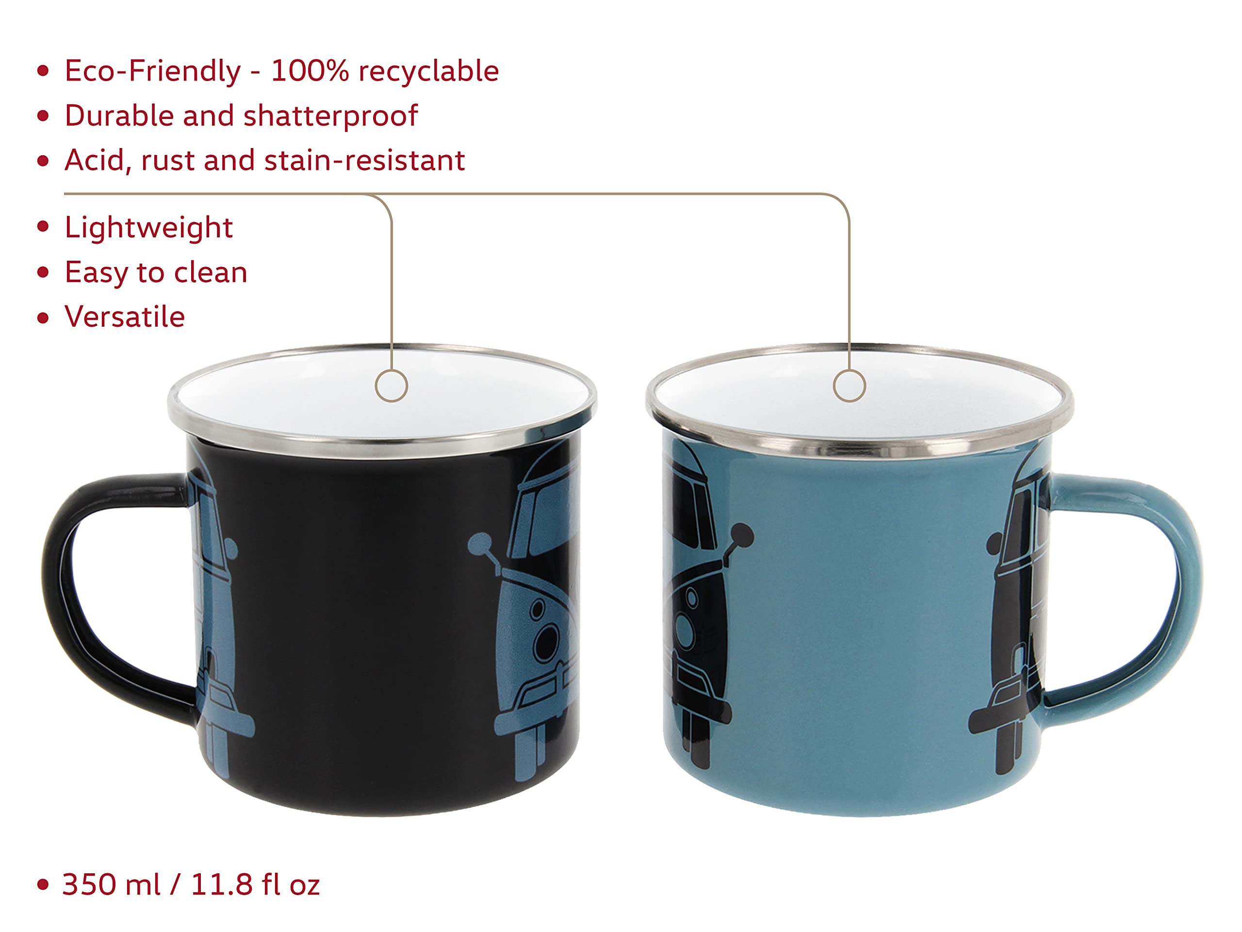 BRISA VW Collection - Volkswagen Set di 2 tazze in metallo smaltato da tè, caffè, latte, cappuccino, Campervan Bus T1 design 350 ml x2 (Nero & Azzurro Scuro)