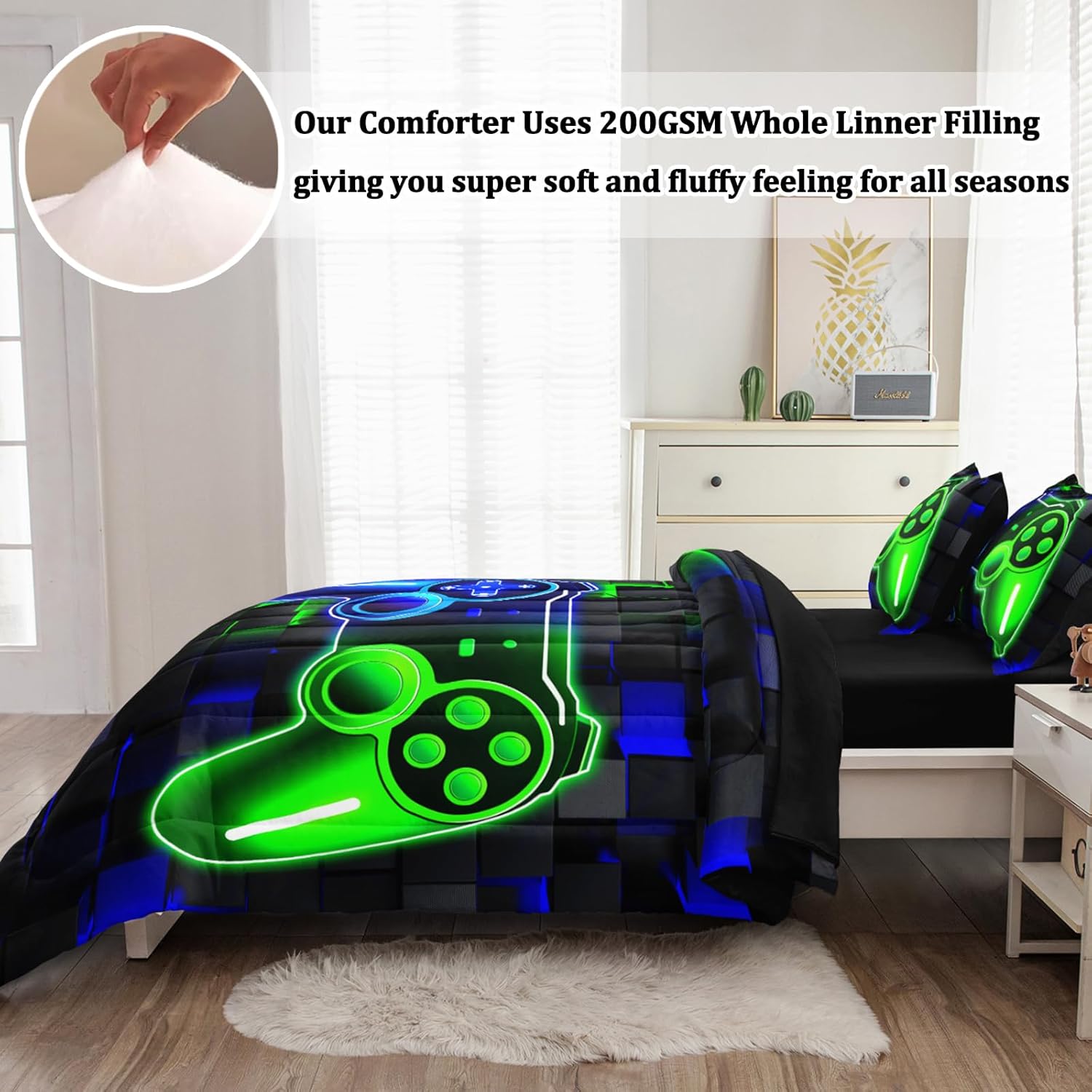 3 Pcs Gamer Full Bedding Set for Boys, Gaming Full Size Boys Comforter Set for Teens