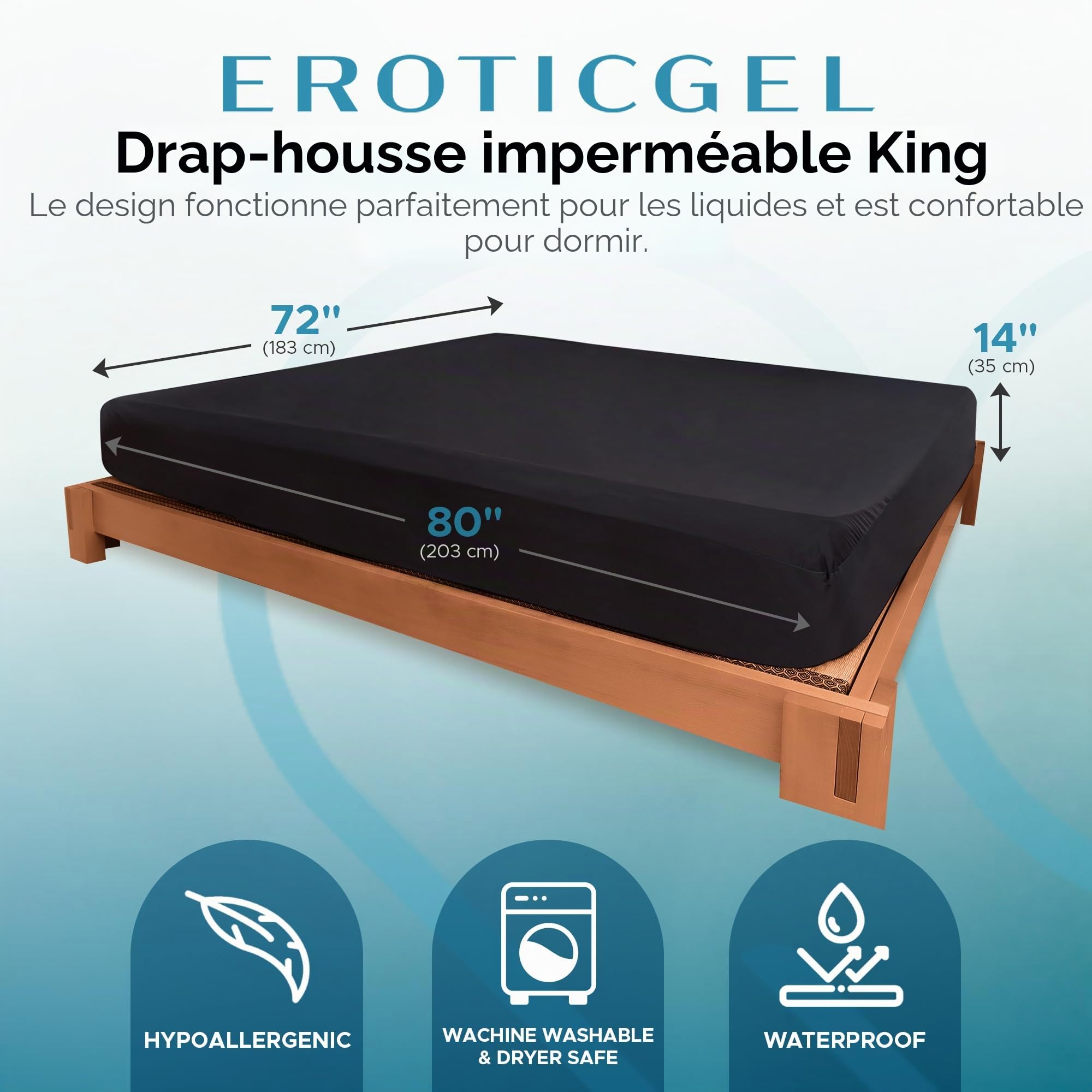 Drap-Housse imperméable King, protège-Matelas 100% Noir, Compatible avec Les Produits de Massage à Base d'huile, d'eau et de Silicone, Silencieux, Lavable en Machine, Poche Profonde de 35cm