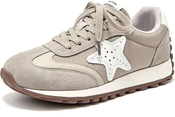 BEAU TODAY Women’s Flat Sneakers, Retro Comfortable Lace-up Fashion Sneakers for Women, Buckle Decoration Casual Leather Walking Shoes