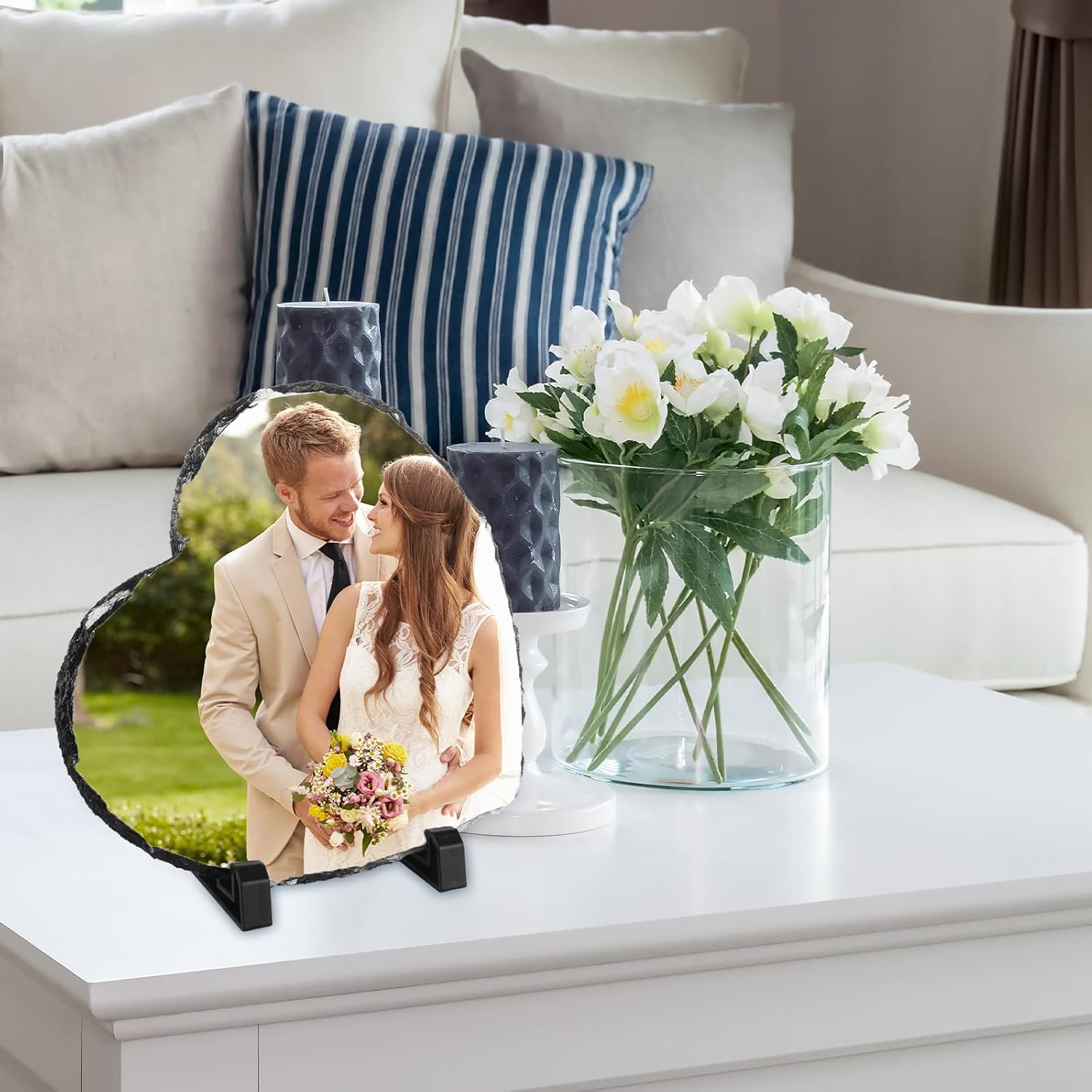 LOPYXBR 6 PCS 7.5x7.5 Inch Sublimation Slate Blanks Heart Shaped Photo Slate Blanks for Sublimation 7.5x7.5 Inch Rock Stone Sublimation Plaque Slate with Display Holder for DIY Heat Press Printing