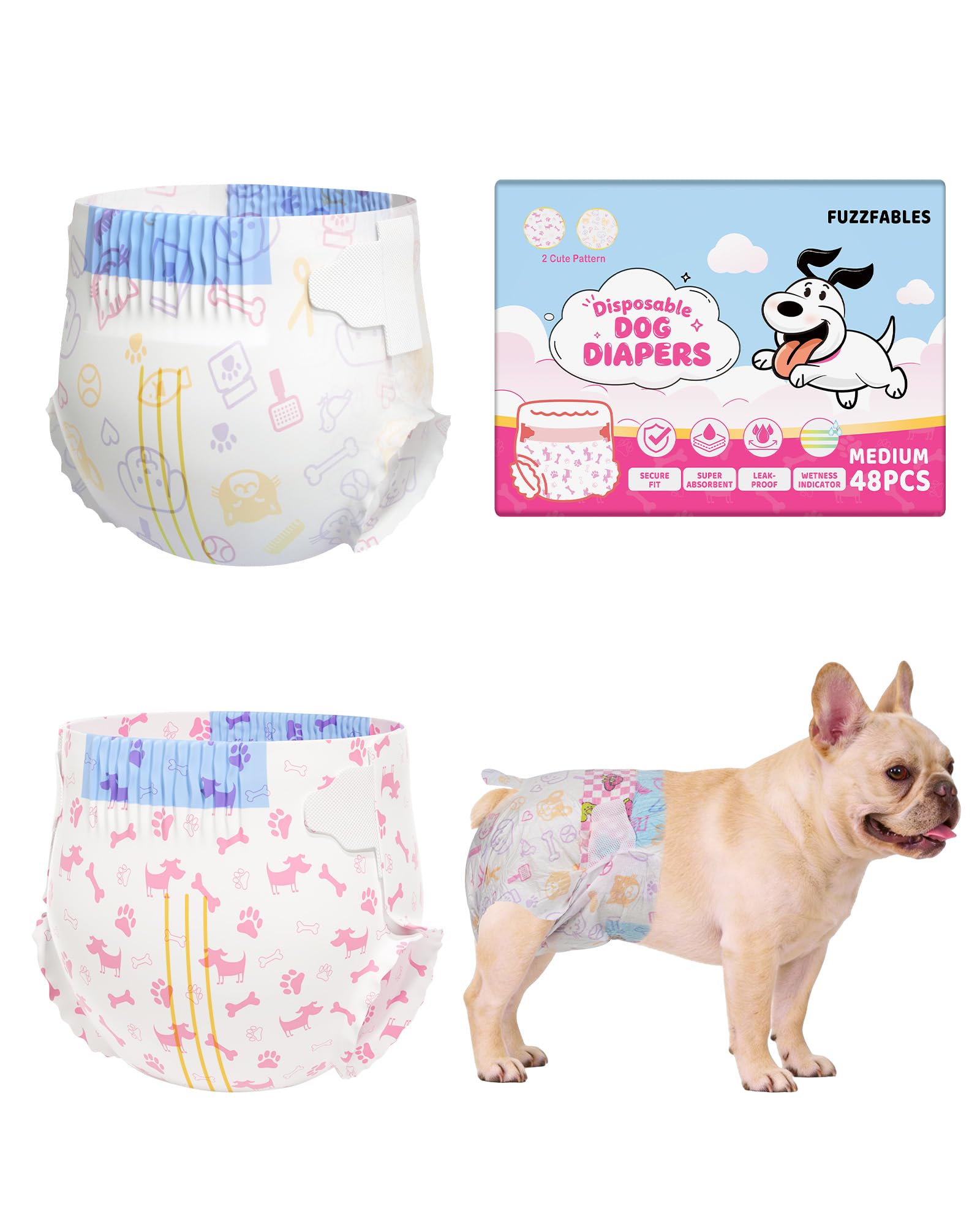 FuzzFables Disposable Female Dog Nappies, Super Absorbent Leak Proof with Wetness Indicator, 48 Count Pet Period Pants for Heat Cycle and Incontinence, Comfortable Adjustable Fit M