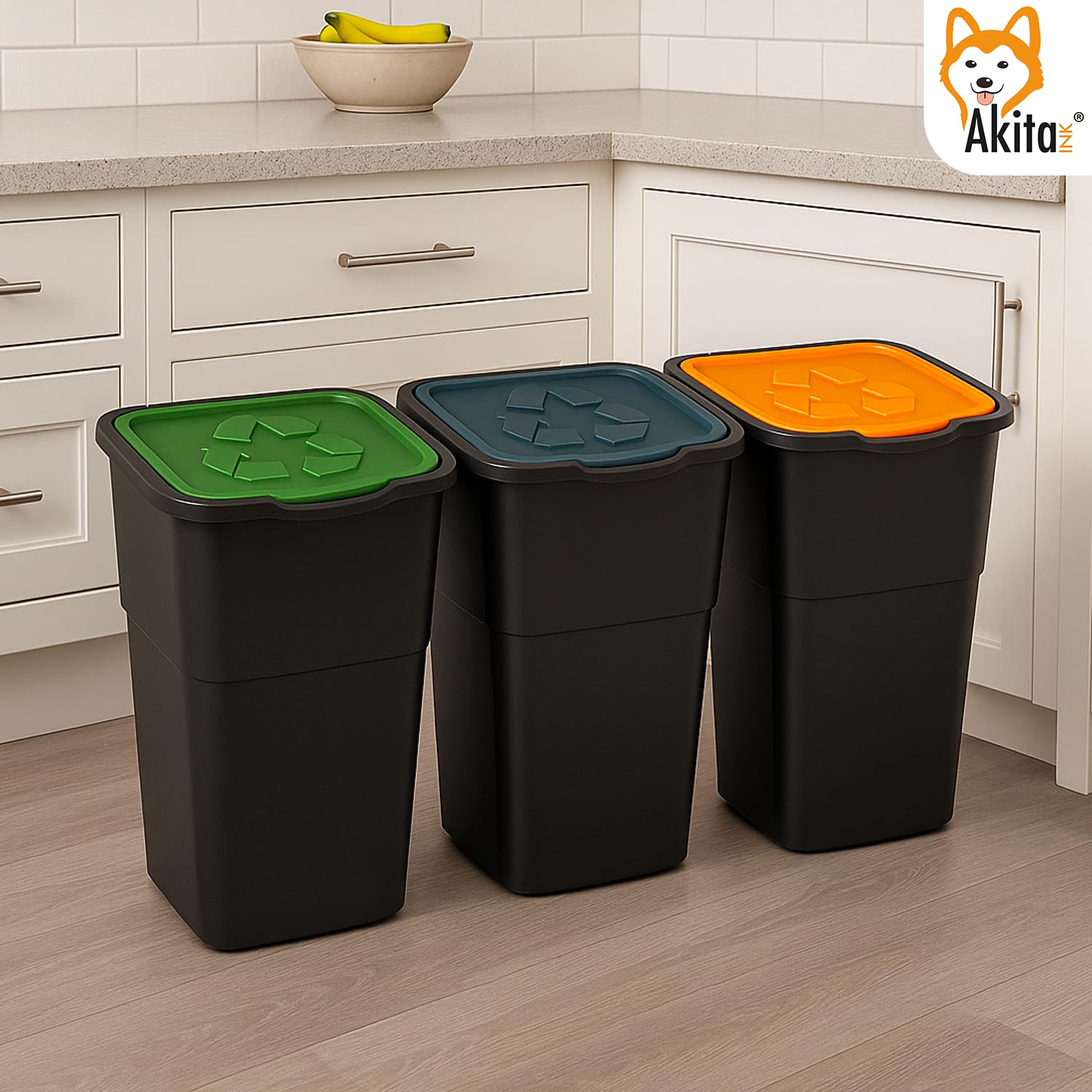AKITAInk AKIECO3 Pattumiera Raccolta Differenziata 3x50L con Coperchi Colorati – Bidoni Spazzatura in Plastica Resistente per Interni ed Esterni – Casa, Ufficio, Giardino – Made in Italy