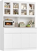 Keyluv 75x55" White Kitchen Hutch Cabinet with Glass Doors, Drawers, Microwave Stand - Spacious Pantry Storage for Dining Room