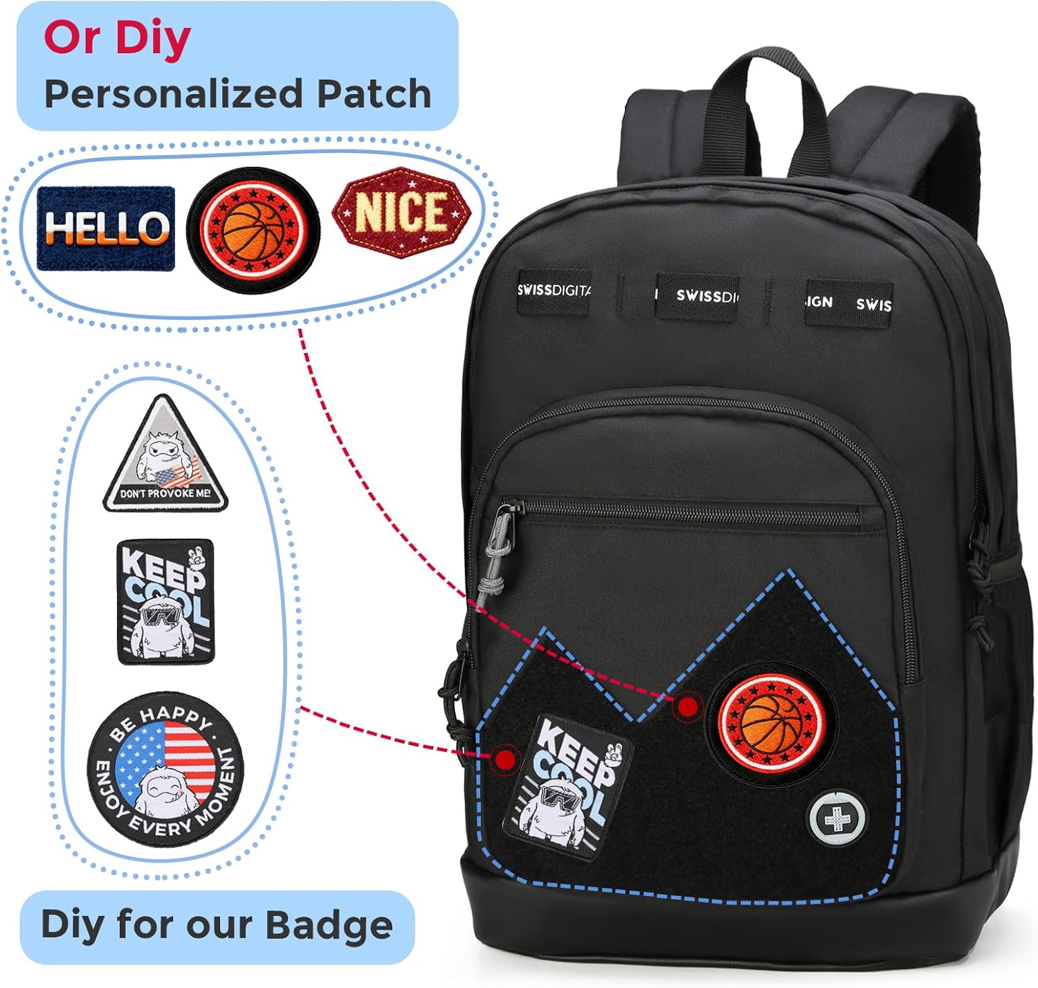 Swissdigital Design Big Student Laptop Backpack with Fun Personalized Patches For College Boy & Girl, Middle High School Teen Bookbag Cool Travel Daypack Black- Includes 3 Patches | SD1718-01 - Image 6