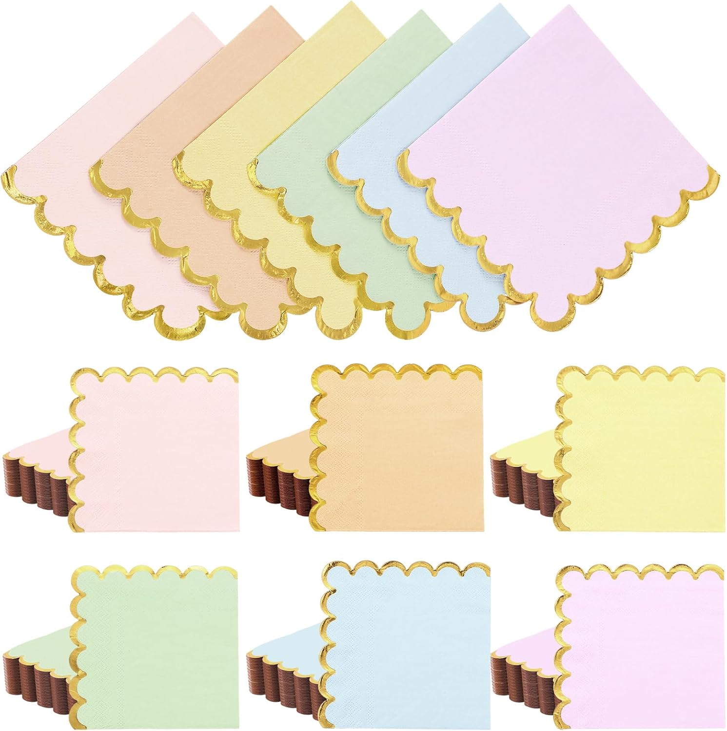 Layhit 150 Pack Pastel Napkins Scalloped Tea Party Napkins with Gold Foil Disposable Ice Cream Party Supplies for Dinner Birthday Wedding Cocktail Beverage Festival(Rainbow Color)