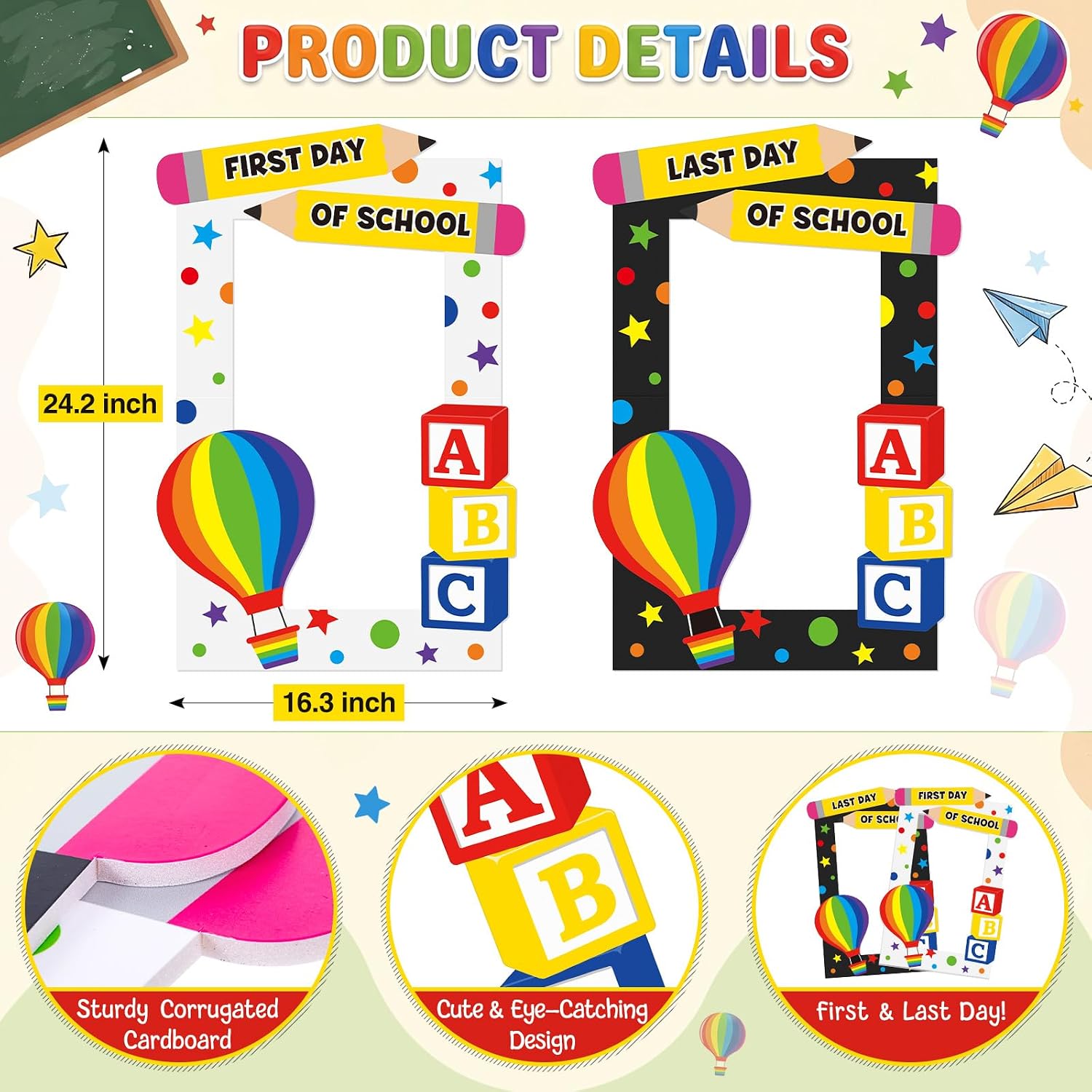 2 Pack Back to School Photo Booth Frames for Kids First and Last Day of School Picture Props 24 x 15 Inch Reusable Back to Schools Selfie Props for Welcome Classroom Party Decoration