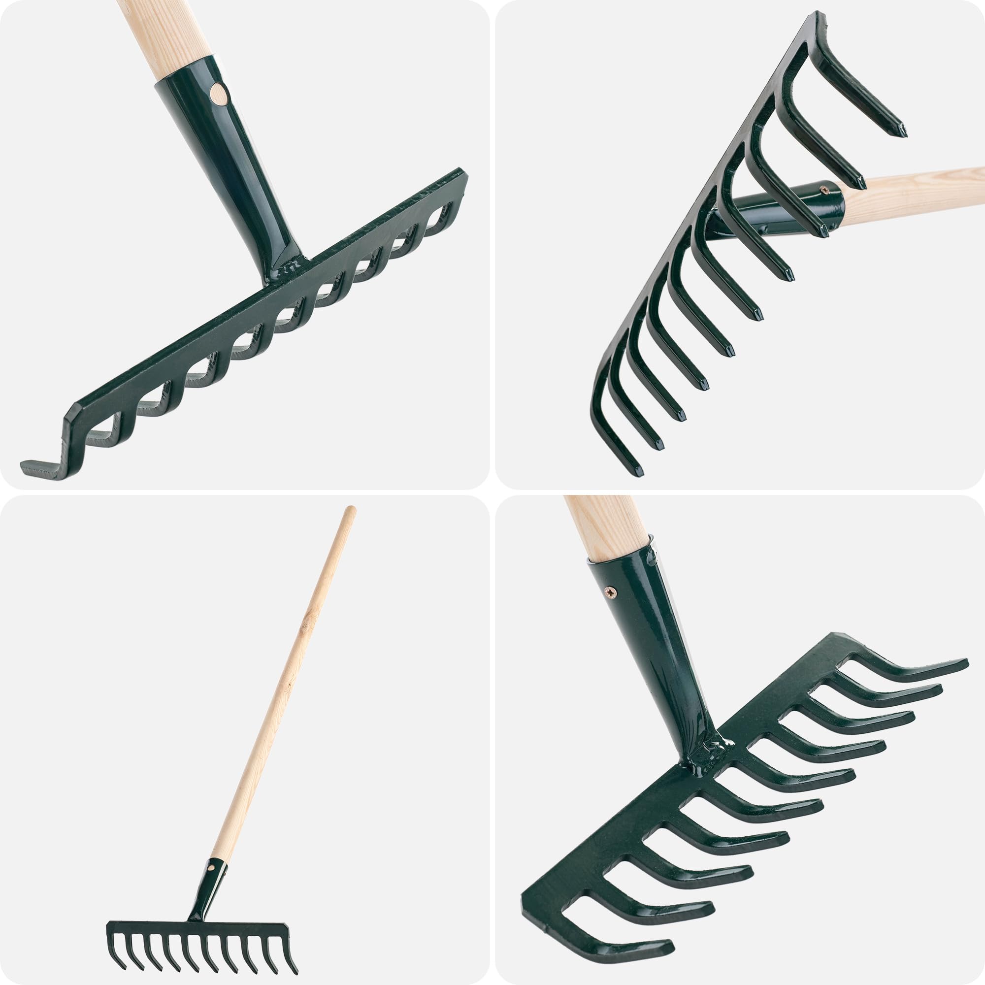 KADAX Rastrillo de metal, rastrillo plano con mango de madera, escoba para jardín, bancal, rastrillo de hojas, rastrillo de césped, verde, herramienta de jardín, rastrillo de heno, herramienta de