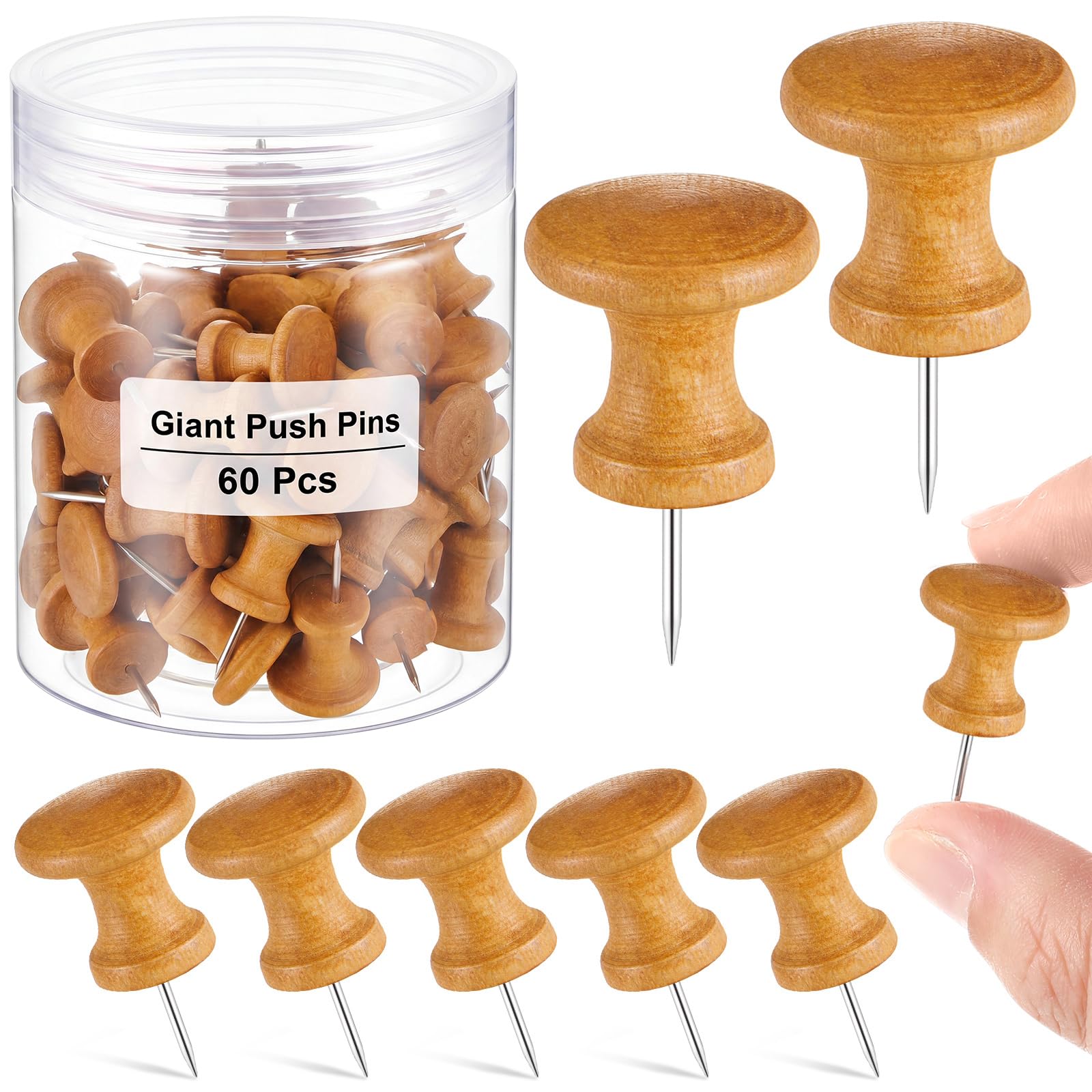 Outus 60 Pcs Giant Push Pins Jumbo Tacks 1 Inch Plastic Head for Cork Board Map Posters Decorations Gifts Under 10 Dollars (Deep Wood)