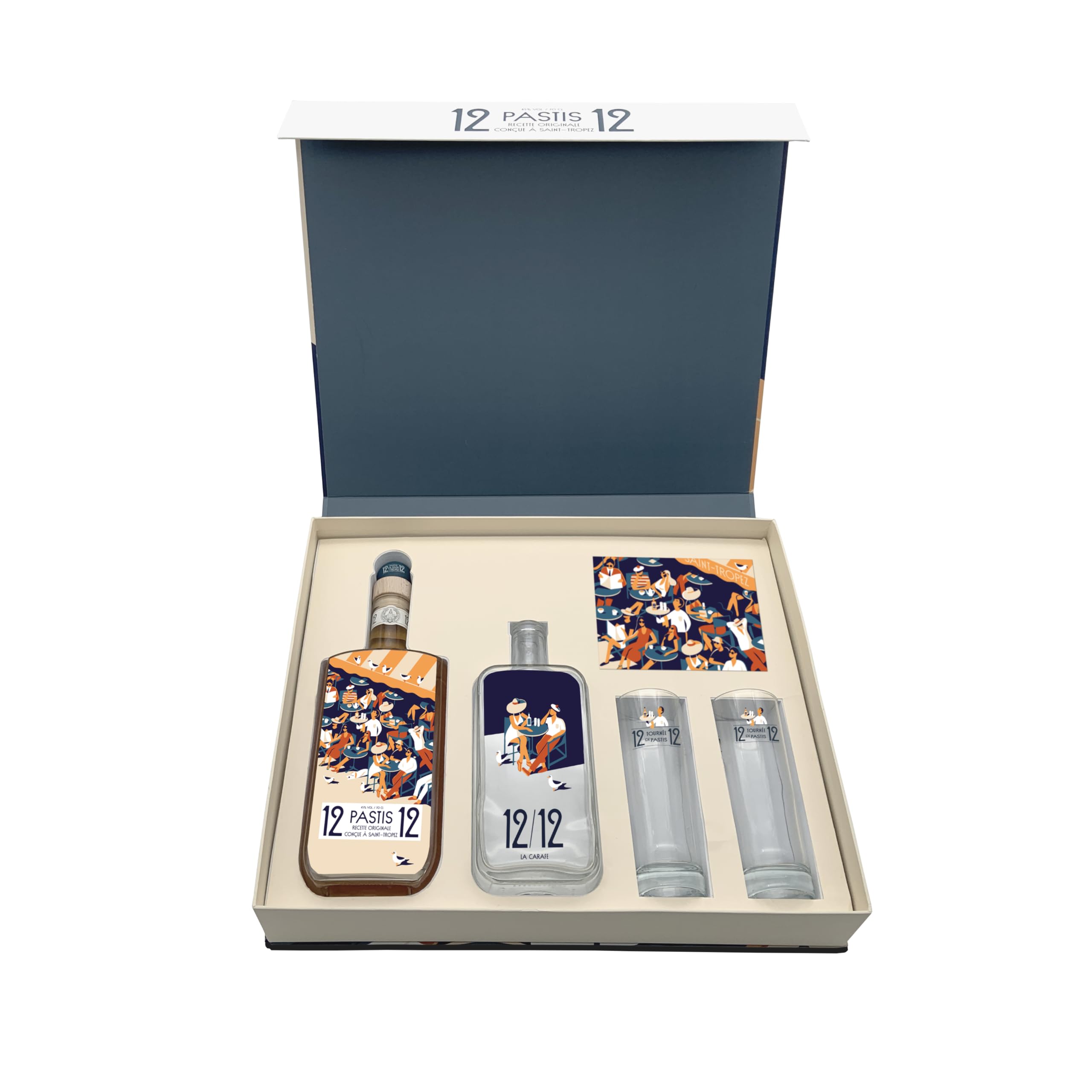 Pastis 12/12 Coffret Terrasse + Carafe et 2 verres 45° 70cl