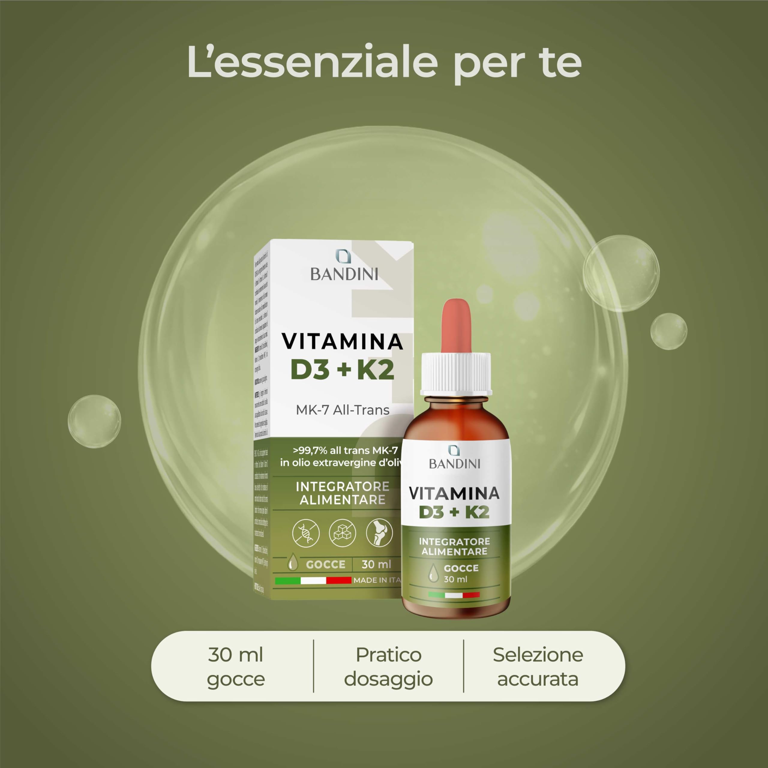 Bandini® Vitamina D3 K2 Gocce, in Olio Extra Vergine di Oliva EVO, Vitamine D Colecalciferolo 1000 UI per Goccia + Vit K MK-7 Menachinone Kappa 99,7% 100 mcg per Goccia, con pratico Contagocce