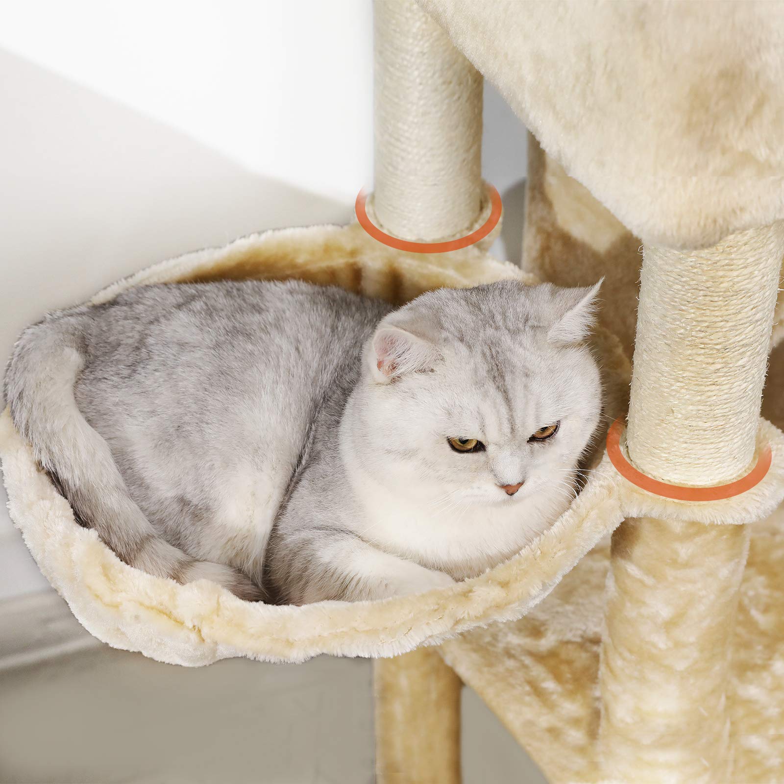 MSmask Rascador grande de 153 cm de alto, para gatos grandes con 2 grandes plataformas, cuevas grandes, troncos de sisal, árbol rascador para gatos de sisal natural, rascador estable, beige