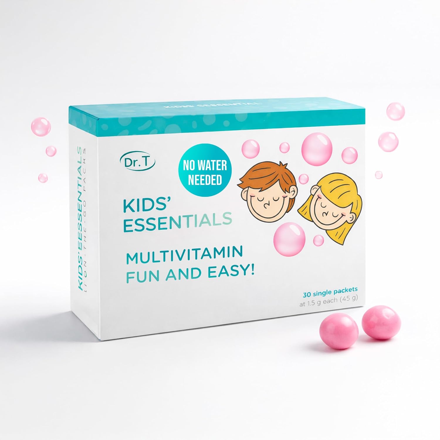 Dr. T On-the-go Packs – Kids Essentials Formula – No Water Needed, Direct-to-Mouth – Smooth & Tasty, with Calcium, Vitamin C & B6 – Supports Healthy Growth & Development – Bubble Gum, 30 Packs