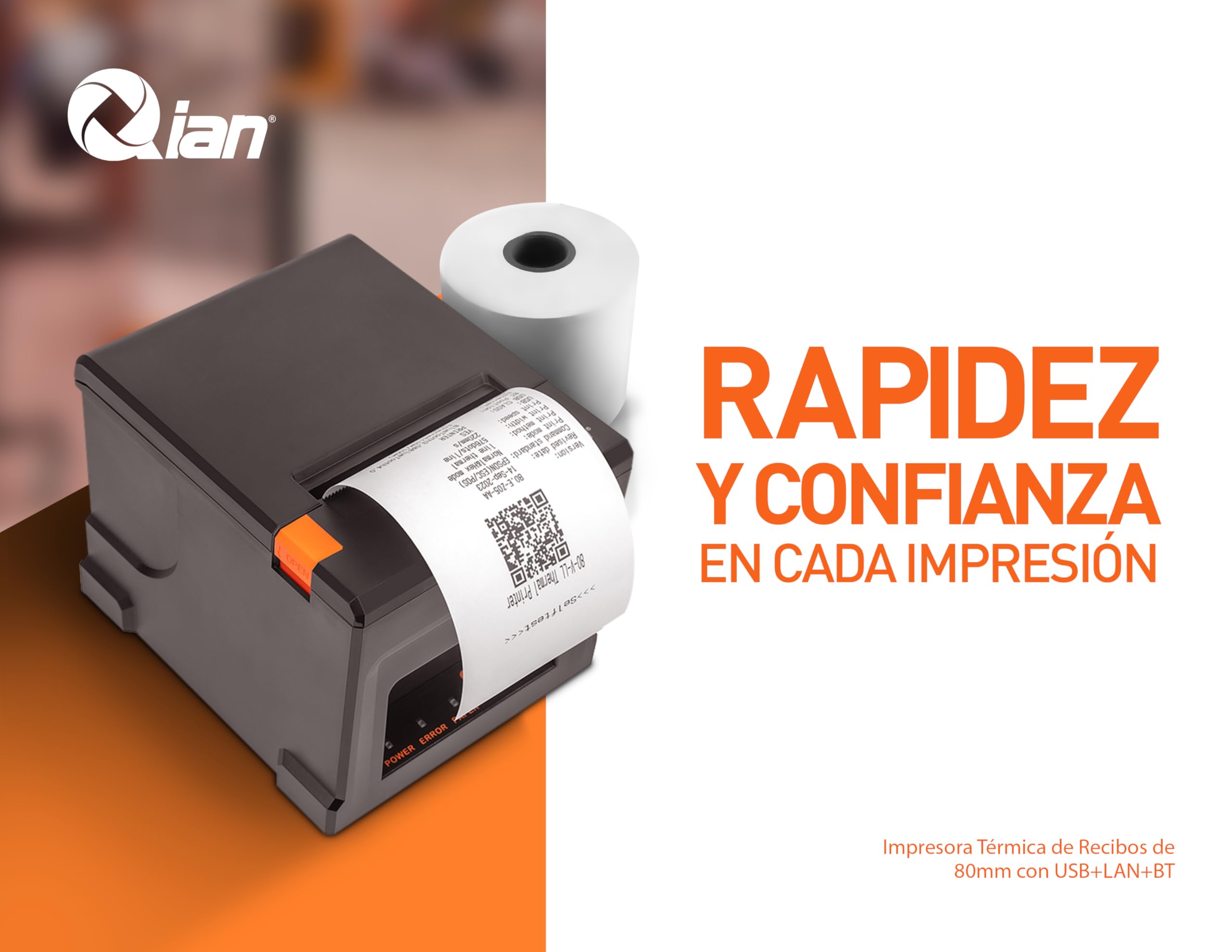 Stampante Termica per ricevute Qian Stampante POS da 80 mm Taglio Automatico ESC/POS | velocità 220 mm/s | Driver Windows, MacOS, Linux | Supporto a Parete | Connessione USB, LAN, Bluetooth