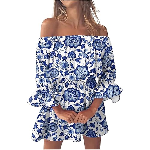Ceboyel Womens Floral Ruffle Dress Off The Shoulder Summer Skater Dresses Boho Short Sundress Cruise Beach Vacation Clothes