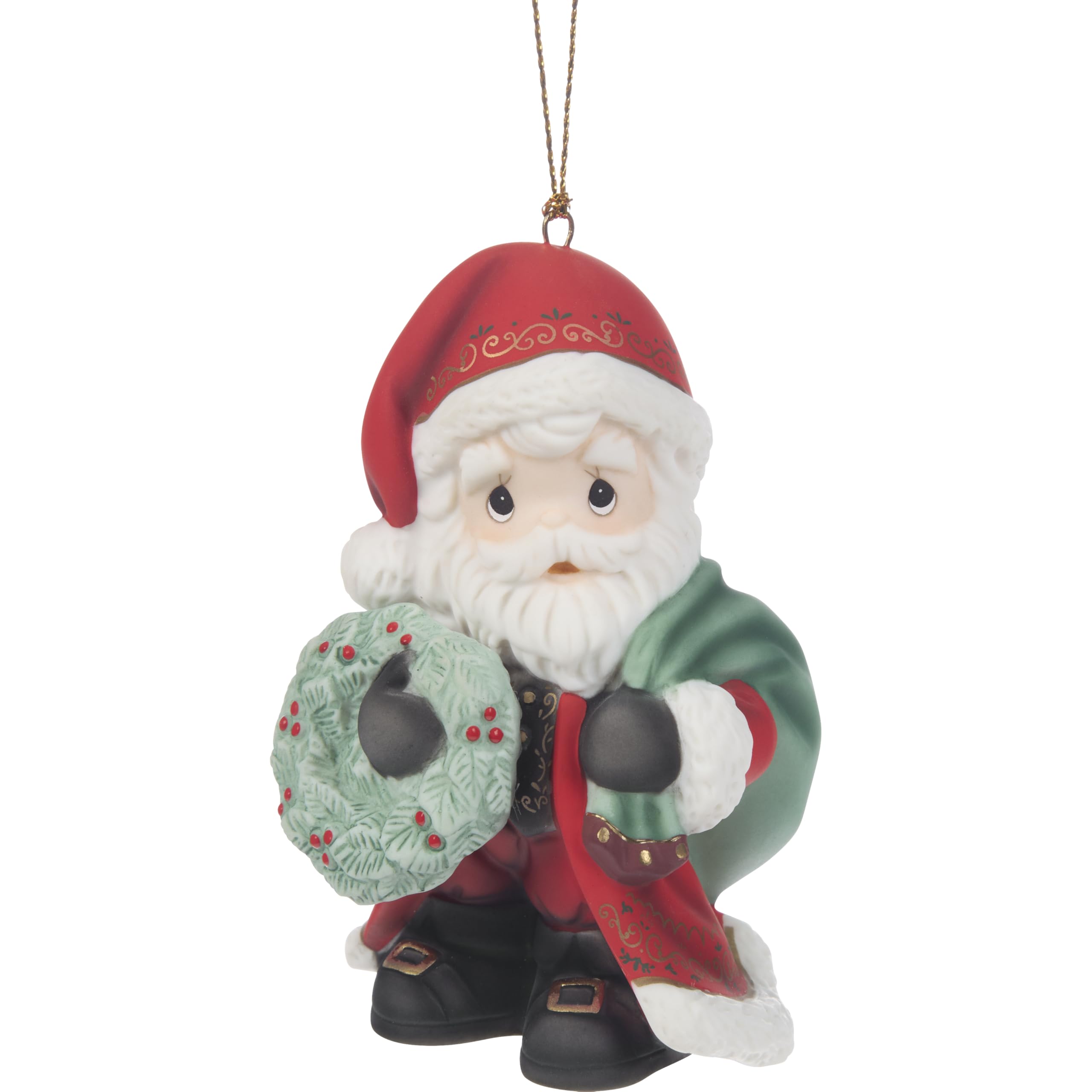 Precious Moments Green, Black, Red, Gold 251012 Bringing Christmas Joy To All Annual Santa Bisque Porcelain Ornament