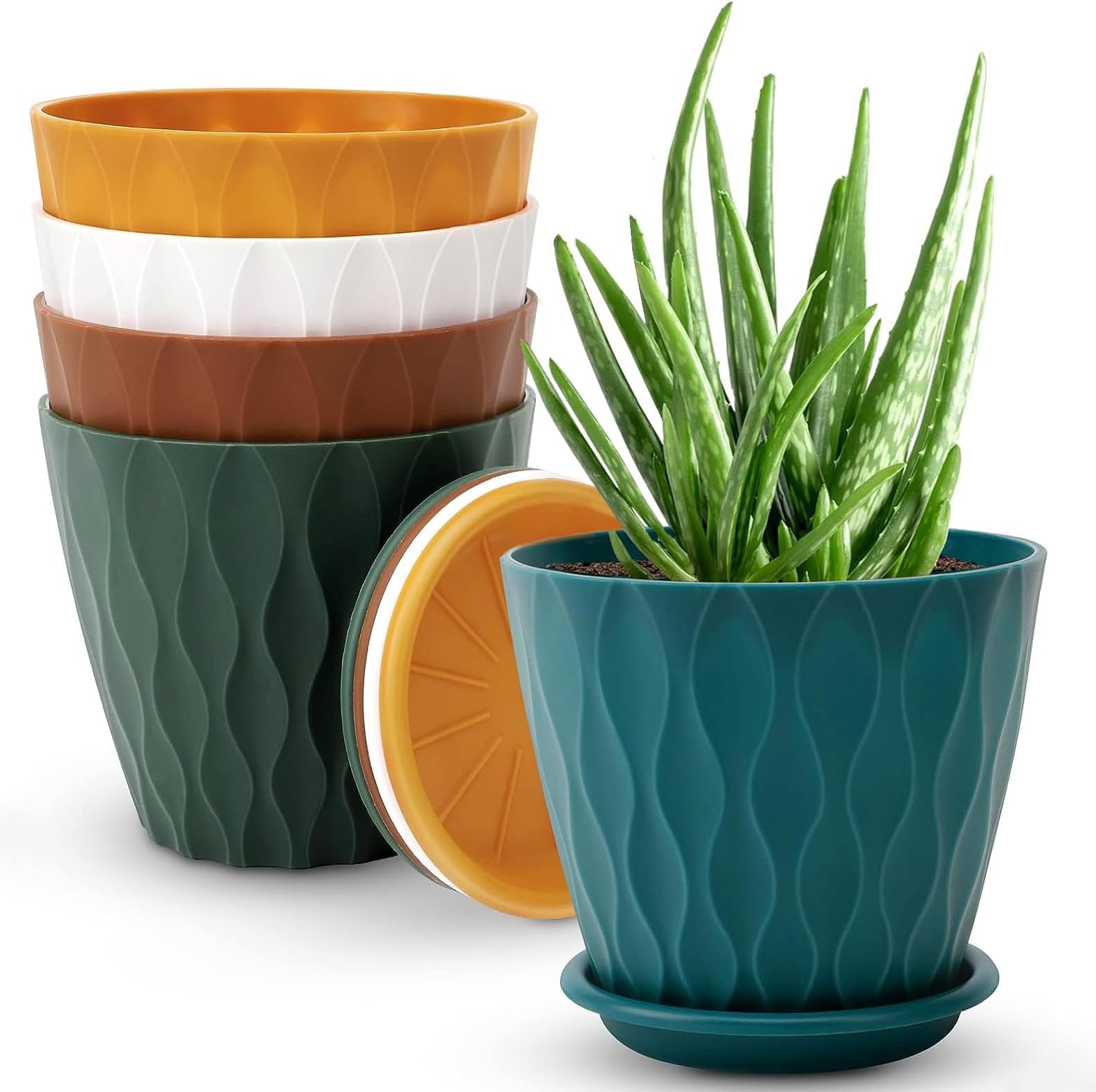 Angju 15cm Multicolour Plastic Plant Pots, 5 Pack Flower Pots Planters with Drainage Hole and Tray Saucer for All House Plants, Herbs, Flowers and Seeding Nursery