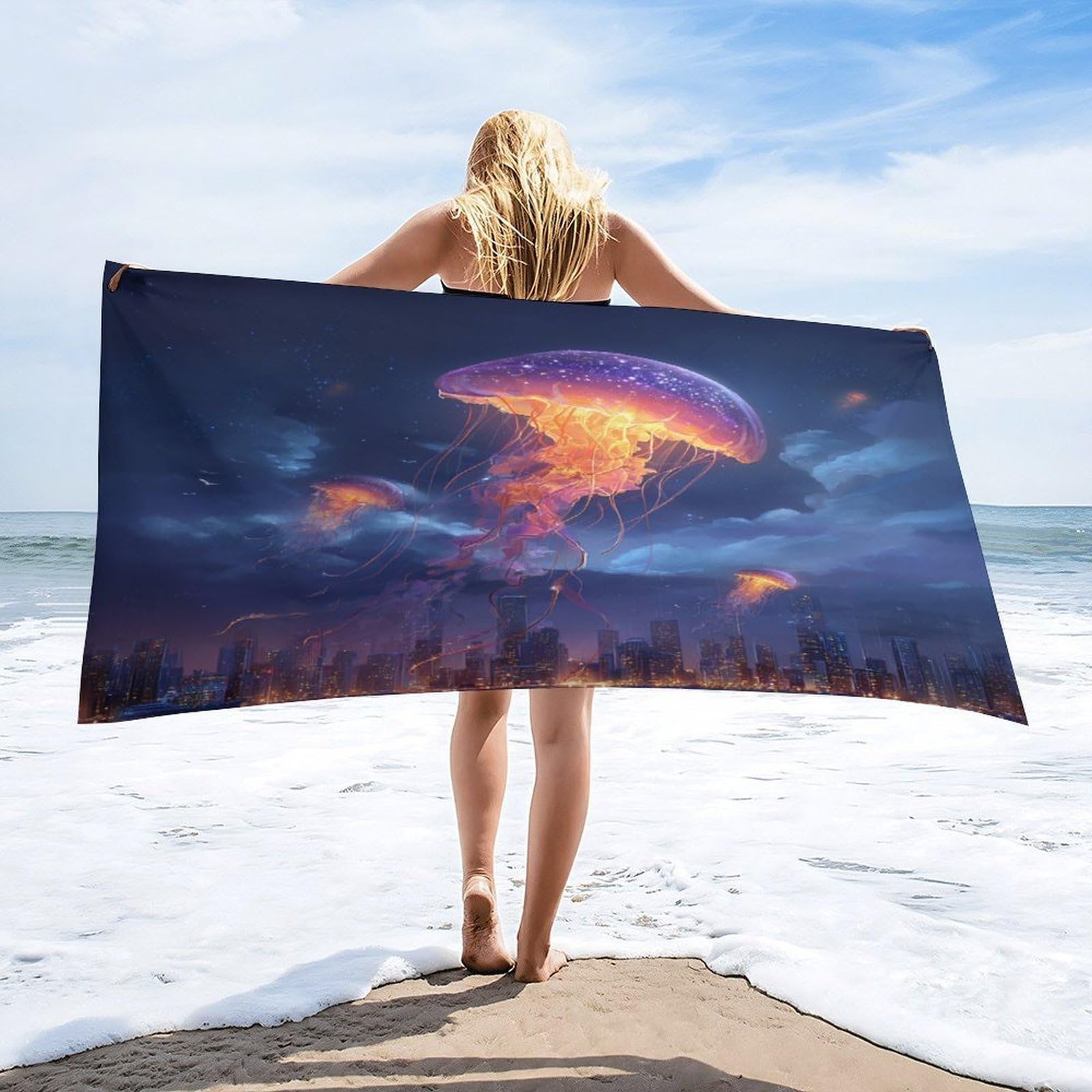 Luyysky Vintage Fantasy Animal Jellyfish Absorbent Beach Towel, Cool Oil Painting Starry Sky Ocean Life Jellyfish Cityscape Outdoor Single-Sided Velvet Beach Towel-80 W Cm X 160" L Cm