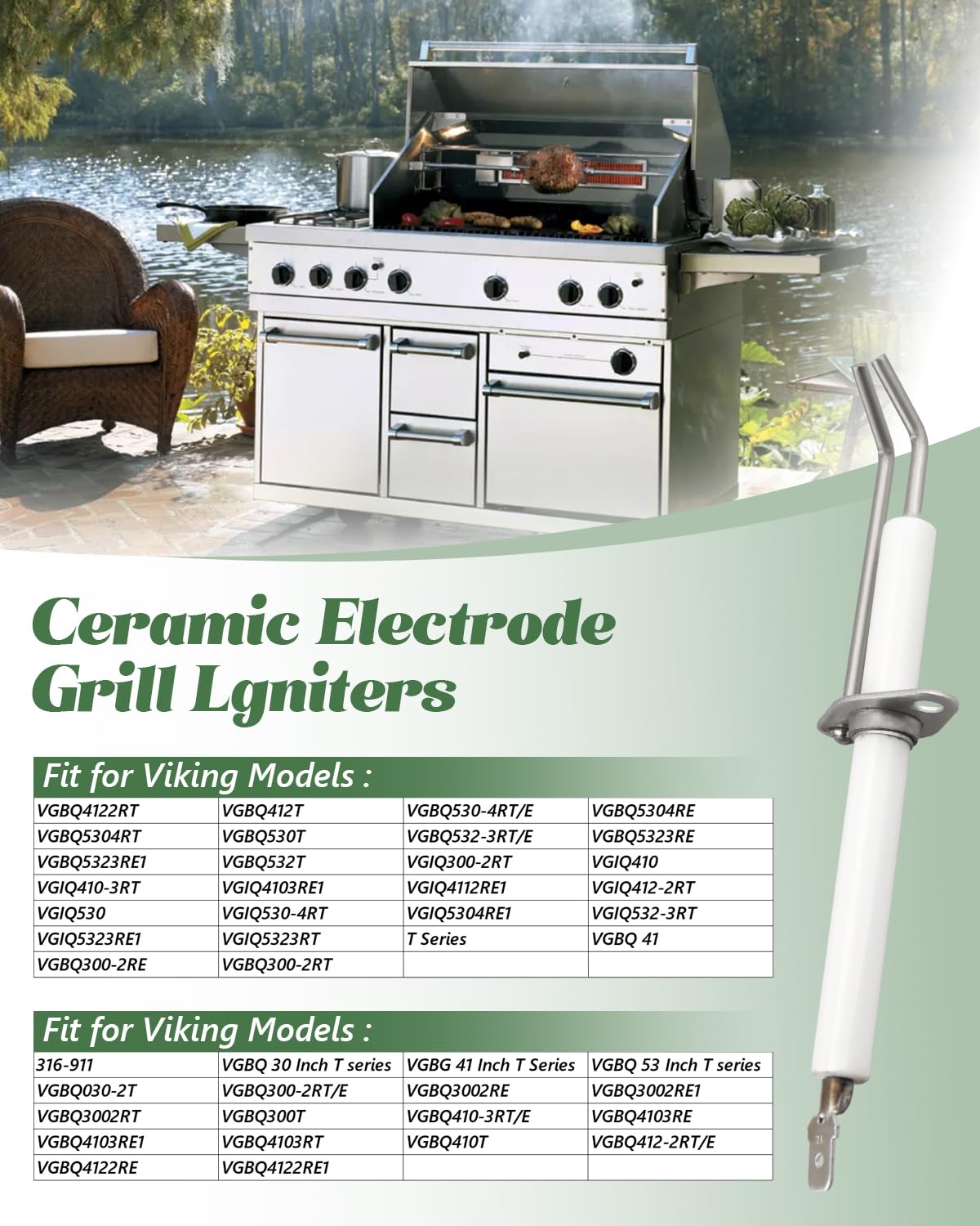 Keramik-Elektroden-Grillzünder Ersatz für Viking 316-911, VGBQ 76,2 cm T-Serie, VGBQ 104,1 cm T-Serie, VGBQ 53 Zoll T-Serie, VGBQ030-2T, VGBQ300-2RT/E, Brennerelektrode
