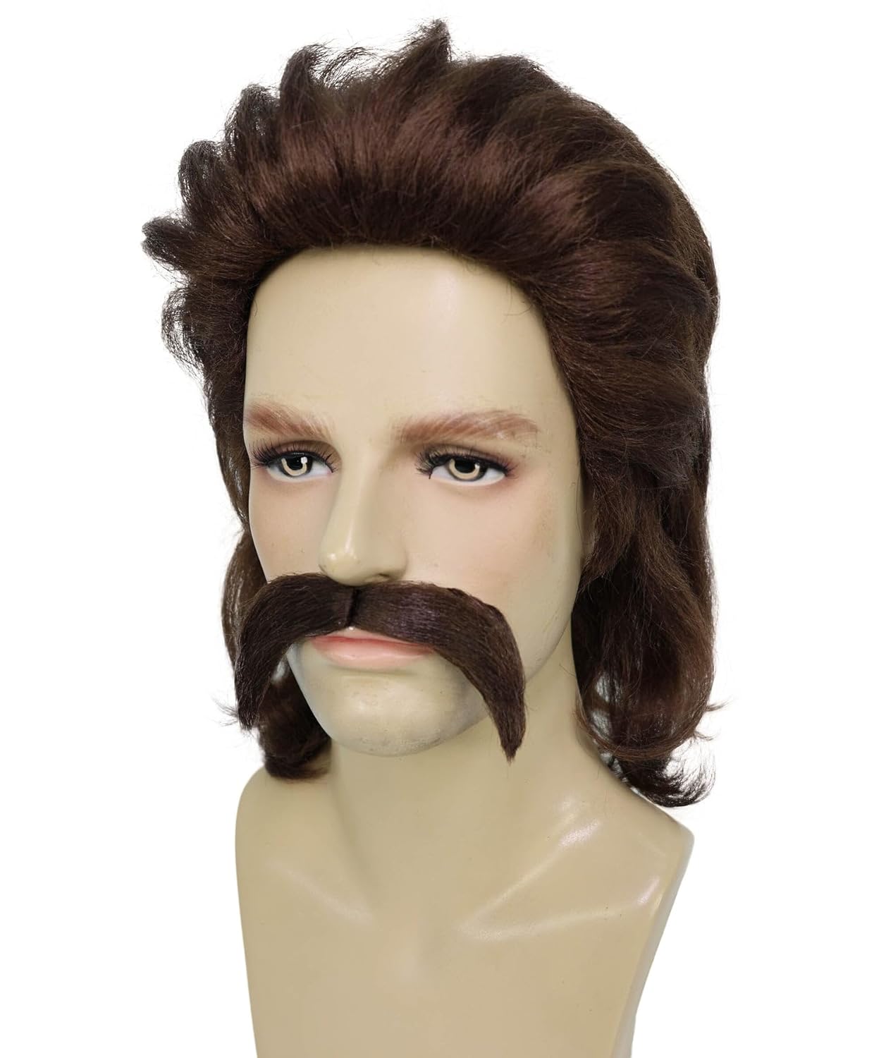 Men’s 70s Dark Brown Mullet Wig with Handlebar Mustache – Classic Wavy Hairstyle for Costume Party Looks | Theatrical Performances Hairpiece for Themed Events