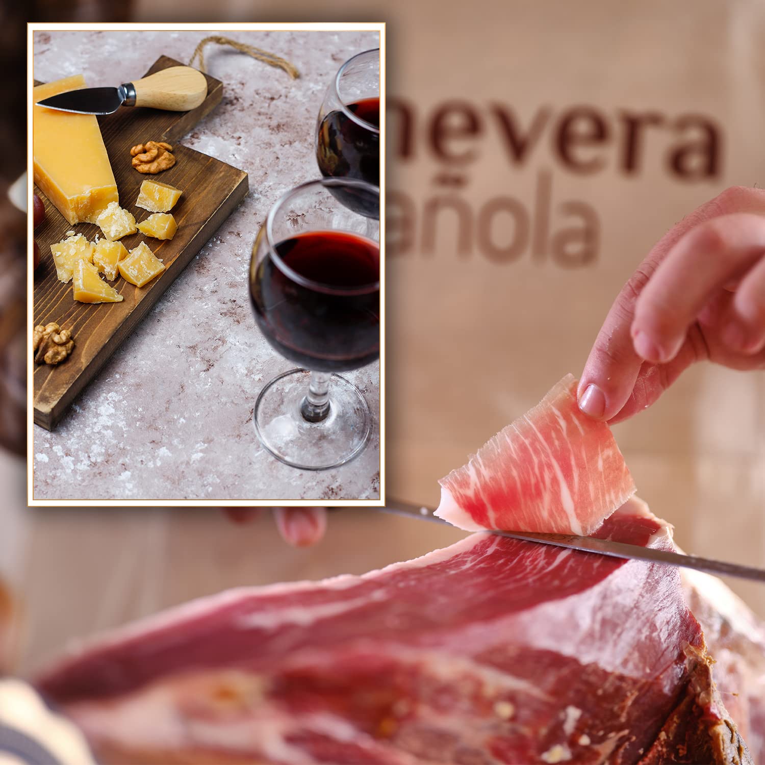 Finca Jarallana - Cesta Gourmet de Jamón Ibérico Loncheado, 1 Lata de Foie, Cuña Queso de Oveja y 1 Botella de Vino - Lote Especial Ideal para Regalo