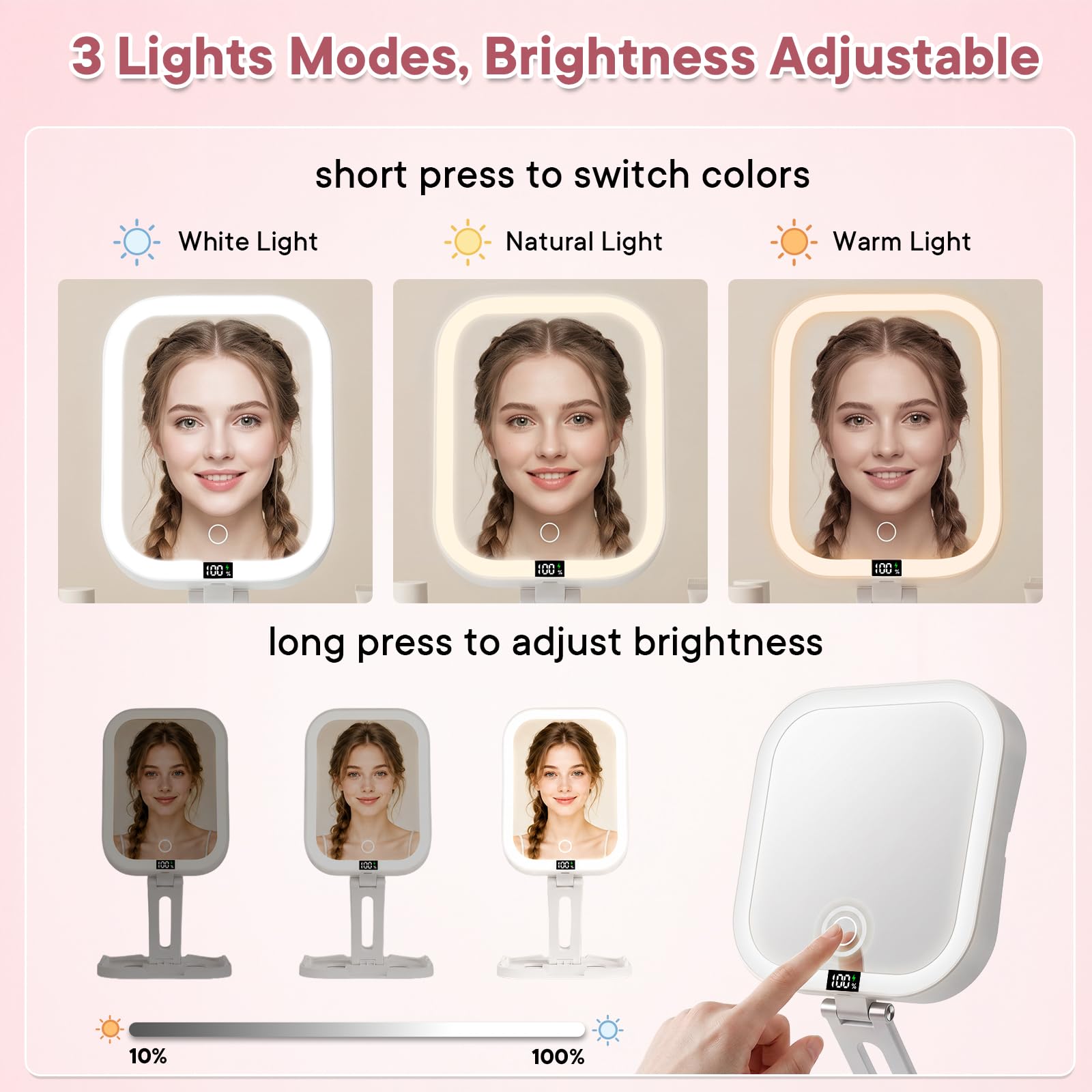 Specchio da viaggio per il trucco con luci, specchio ingranditore 10X/1X, angolo regolabile in altezza e display digitale di potenza, luce LED compatta dimmerabile ricaricabile a 3 colori