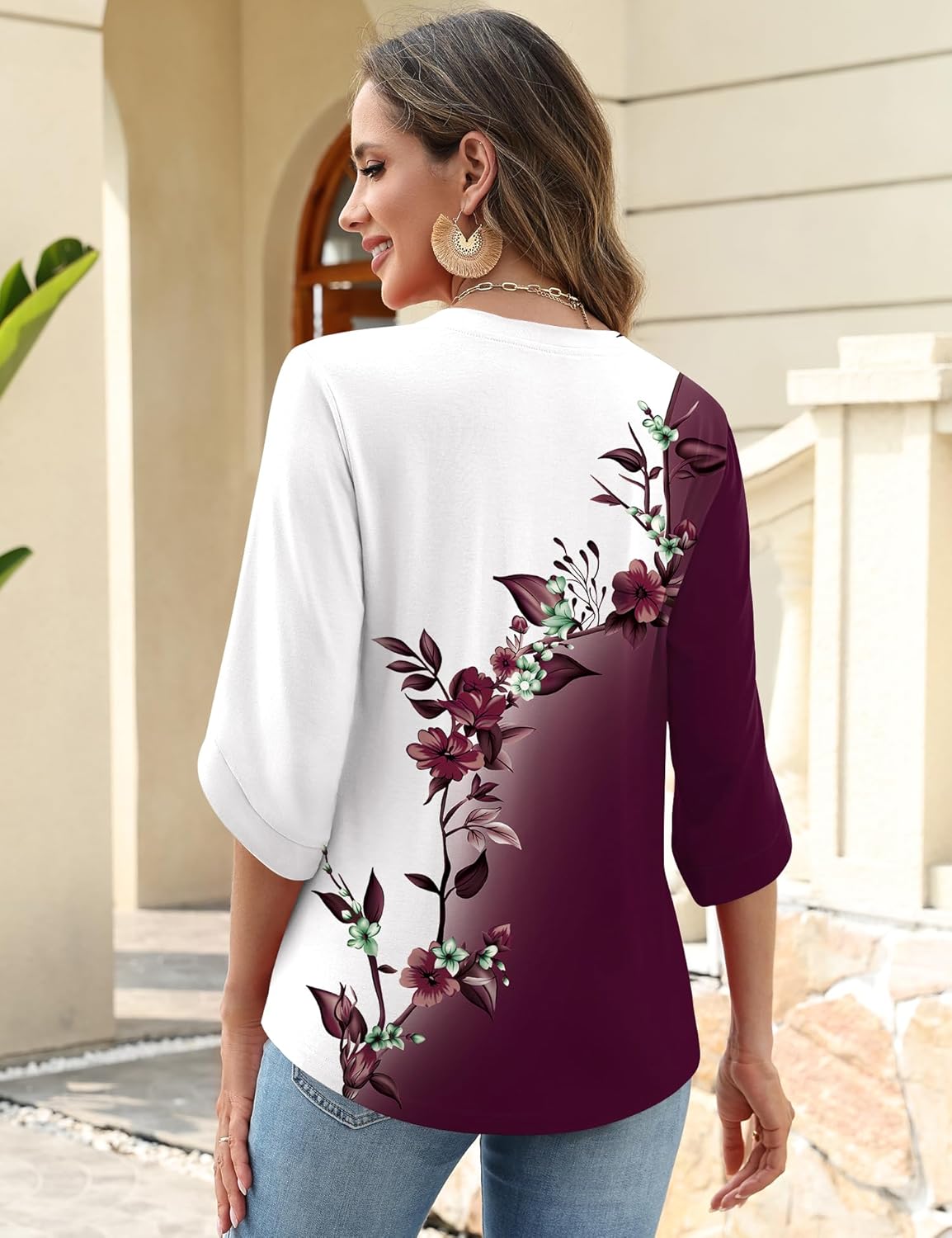 Kistore Womens 3/4 Length Sleeve Tunic Tops Casual V Neck Shirts Business Work Blouses Trendy Flowy Tees - Image 3