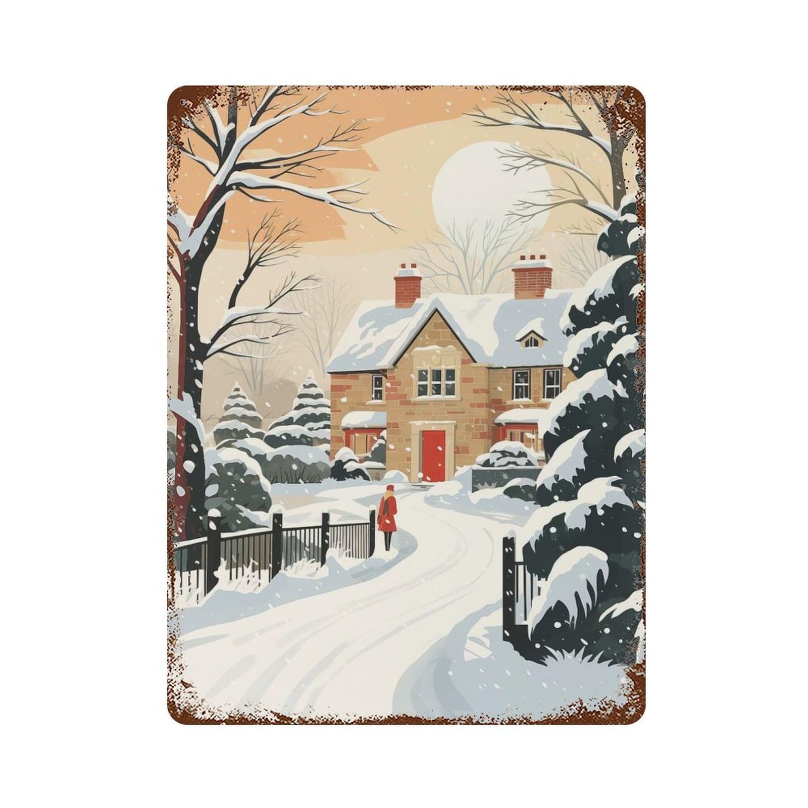 Snowy Village Serenity Vintage Wall Sign 15.7"x11.8", Rust Effect Metal Decor for Cafe, Home Bar And Lounge Decor