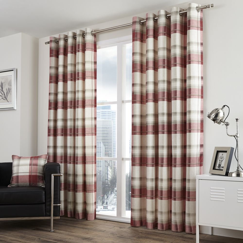 Fusion Ruby - Balmoral Check - 100 Percent Cotton Pair Of Eyelet Curtains - 66" Width X 90" Drop (168 X 229 Cm) In