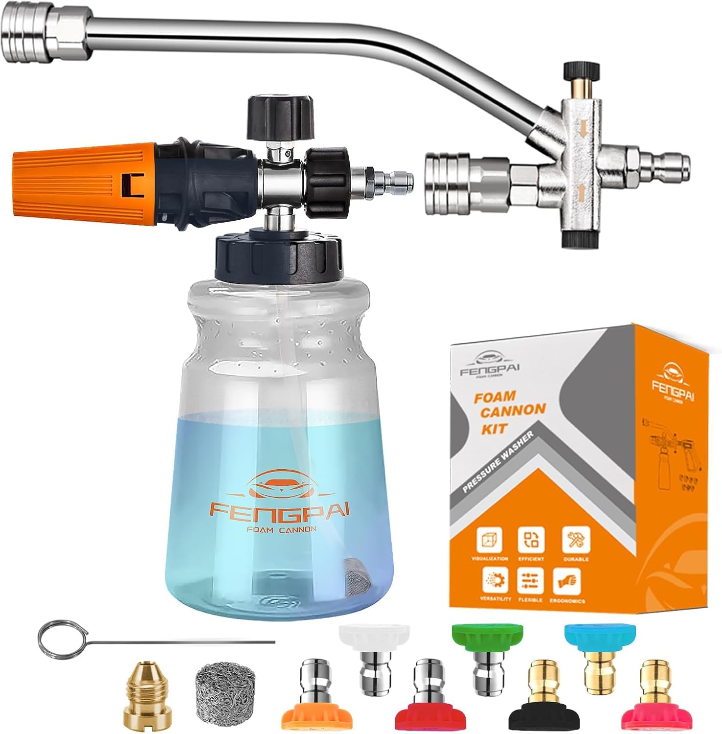 FENG PAI Pressure Washer Foam Cannon with Dual Connector Accessory, 7 Pressure Washer Sprayer Nozzles, Double Tip Attachment For Soap Cannon, 1/4" Quick Connect