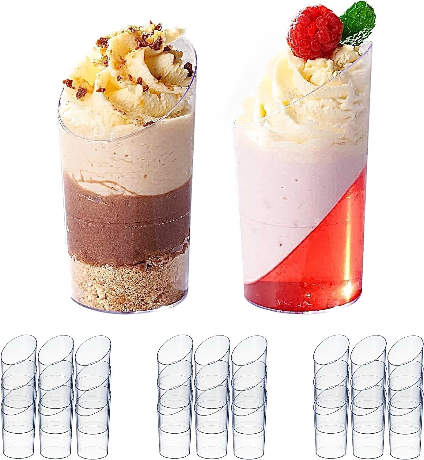 MATANA 500 Mini Clear Hard Plastic Dessert Cups for Parties (Angled Round, 70ml) - Elegant & Reusable Individual Dessert Pots for Cheesecake, Jelly, Puddings, Mousse, Tiramisu, Trifles