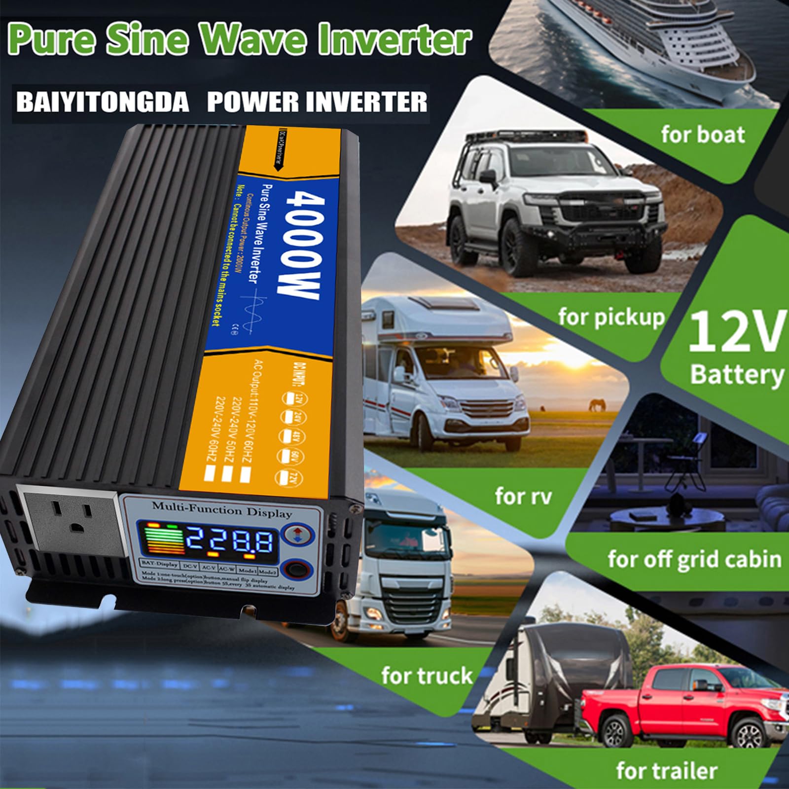 Falownik sinusoidalny 4000 W DC 12 V 24 V 48 V 60 V 72 V do 120 V 240 V AC, falownik o wysokiej wydajności do domu, kampera, ciężarówki, zasilania słonecznego poza siecią,48V to 220V