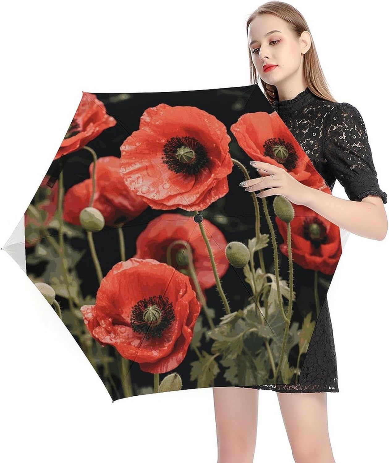 Red Poppy Flowers Leaves Umbrella, Strongest Windproof 5-Fold Travel Umbrellas, Premium Portable Folding Umbrella for Rain & Sun, Compact Umbrellas for Purse Backpack, Outdoor & Gifts