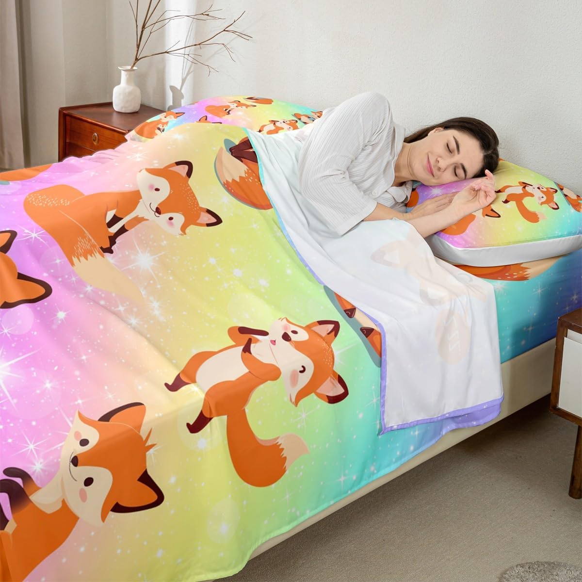 Erosebridal Kids Fox Bed Sheets Cartoon Animal Crib King Size Sheet Sets, Sparkle Stars Sheets Psychedelic Galaxy Sheet & Pillowcase Sets, Woodland Wildlife Flat Sheet Lightweight Decorations 4pcs