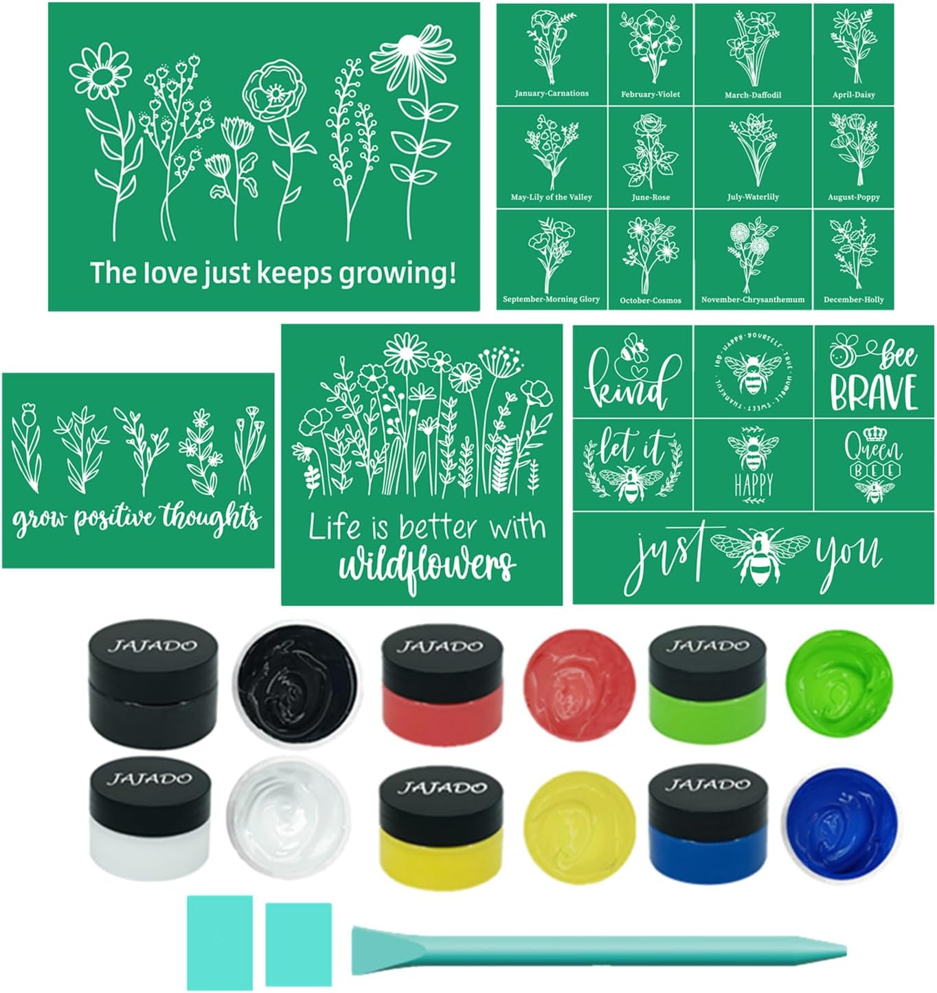 JAJADO Wildflower Stencil Paint Set 14pcs, 5pcs Flower Bee Silk Screen Stencil, 6 pcs Chalk Paste Paint, 3pcs Screen Printing Squeegees, Reusable Adhesive Stencil Painting on Wood, Fabric, Card DIY