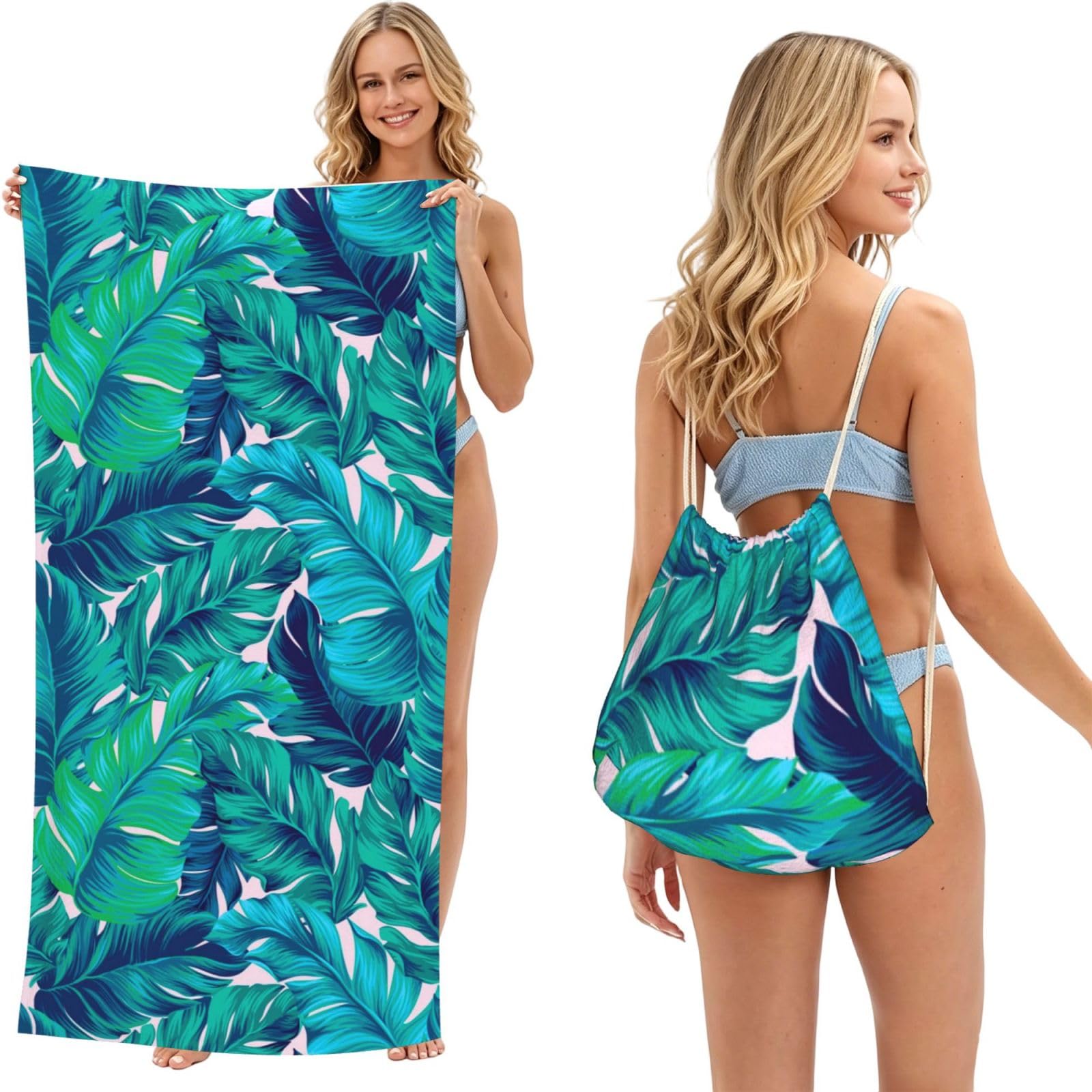 Poadnly As Picture Tropical Palm, 2 In 1 Packable Towel Bag, Beach Towels With Drawstring Backpack For Travel Holiday Camping