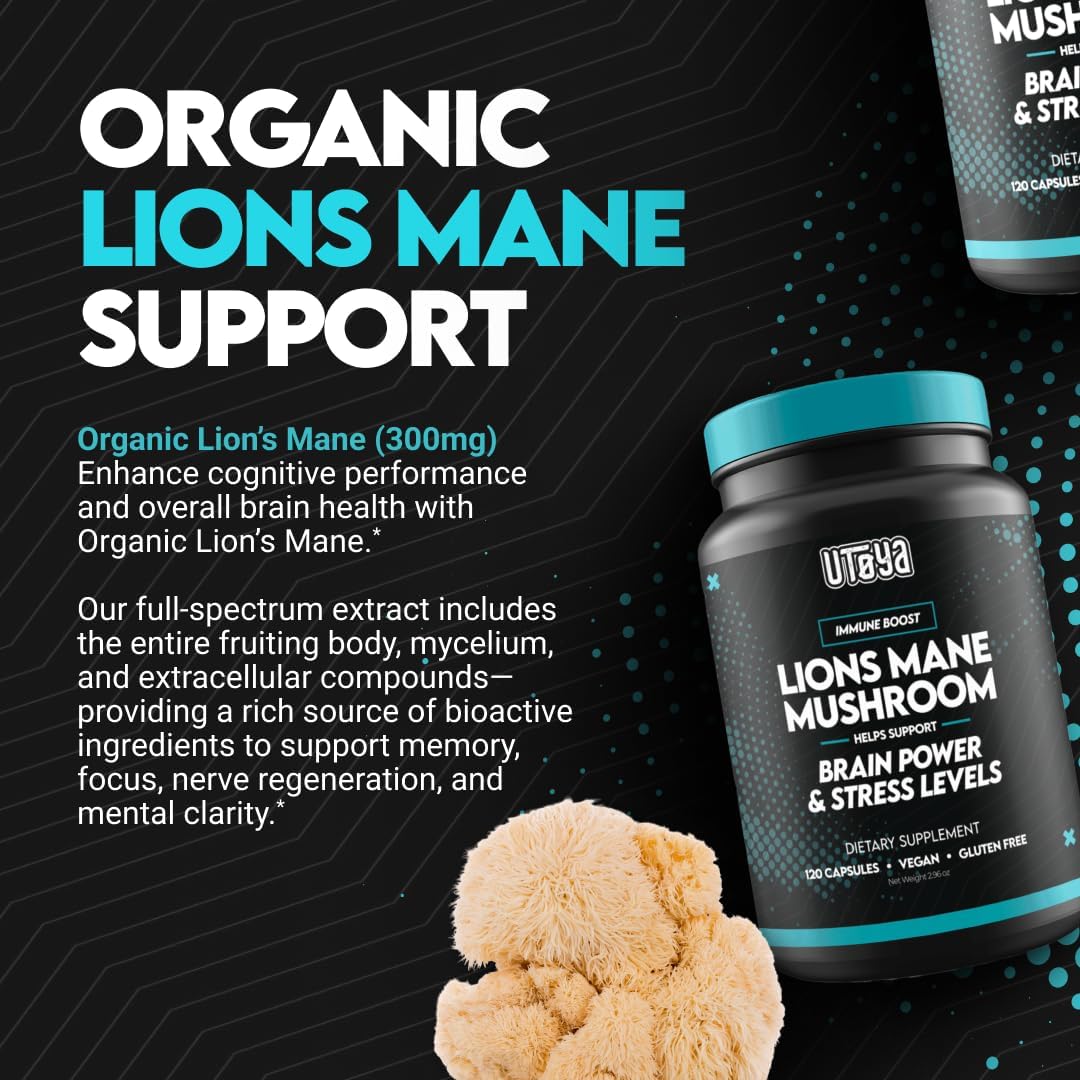 UTOYA Lions Mane Supplement Capsules - Gluten Free/Vegan Mushroom Supplements for Brain Power, Stress Relief, Mental Clarity and Calm - Non- GMO Immune Support Supplements - 120 Capsules