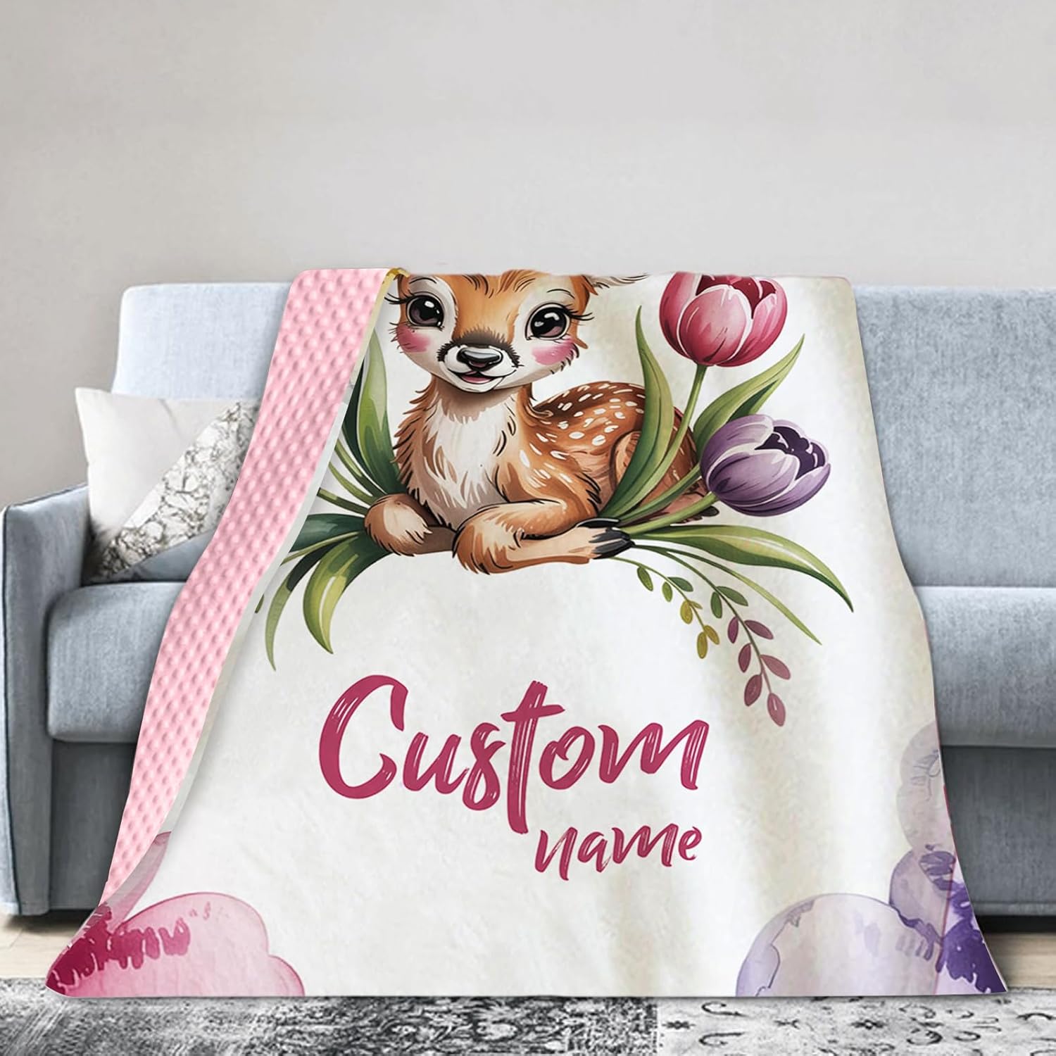 Personalized Baby Blankets with Name – Custom Sika Deer Baby Blanket for Girls, Flowers Pattern Infant Blankets with Soft Dotted Back, Nursery Bedding, Newborn Shower Gift