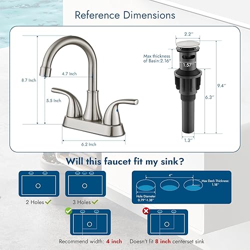 Miniatura 9 de Grifo de lavabo de baño de 4 pulgadas, 2 asas, grifo de baño giratorio de 360 con mangueras de suministro de agua, níquel cepillado, con drenaje