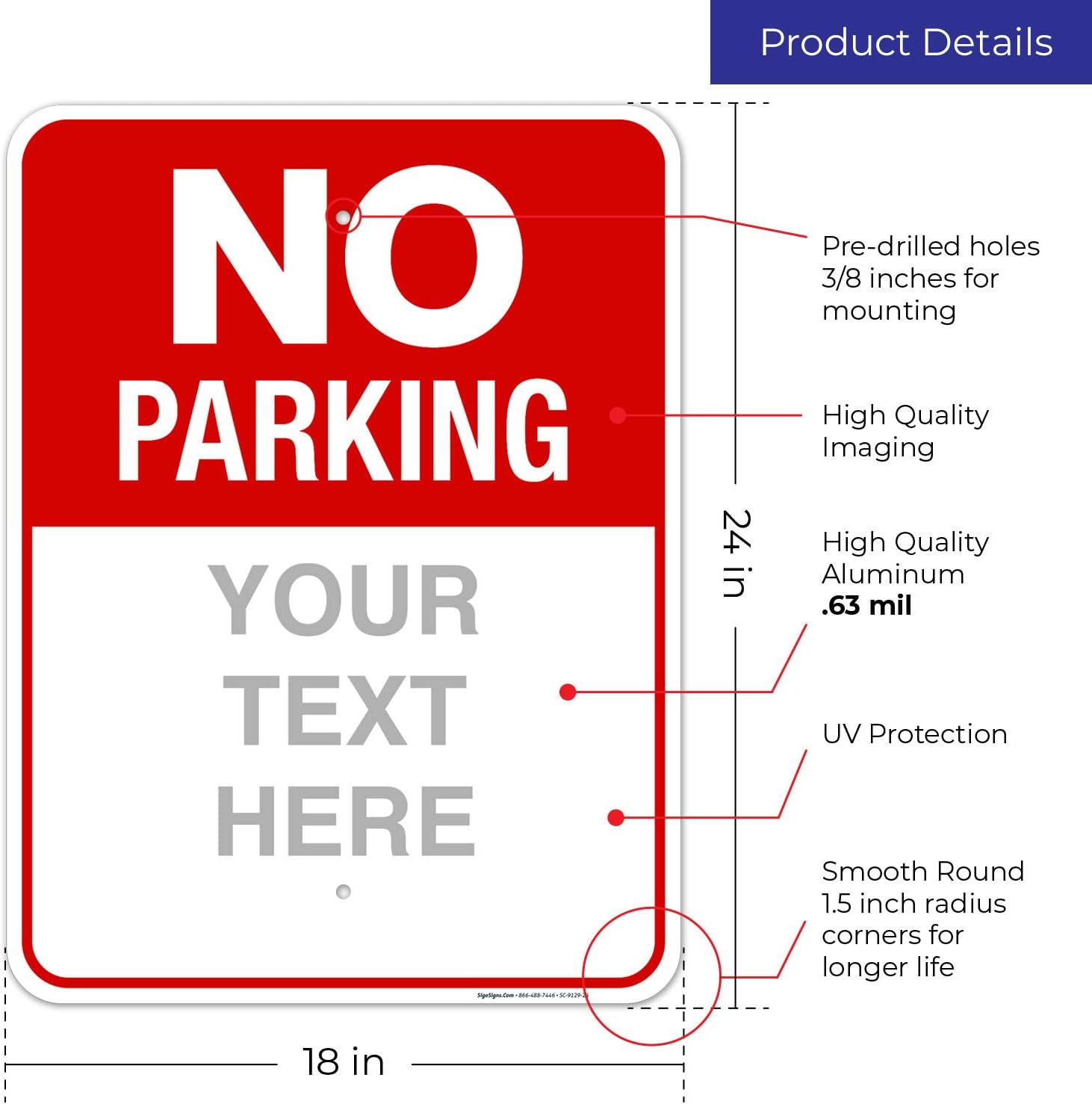 Custom No Parking Sign, with Red Background Personalized Sign, 18x24 Inches, Rust Free .063 Aluminum, Fade Resistant, Indoor/Outdoor Use, Made in USA