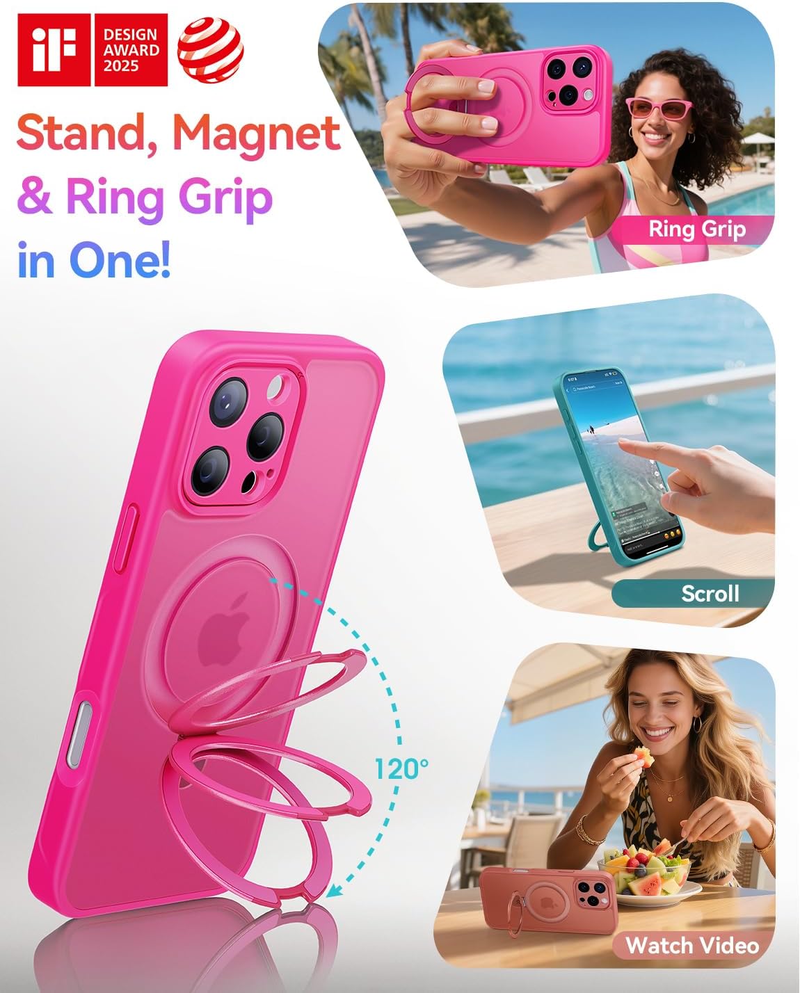 CASEKOO Upgraded Full Camera Protection for iPhone 16 Pro Max Case with Magnetic Invisible Stand [Compatible with MagSafe] [Military Grade Protection] for iPhone 16 Pro Max Case Stand 6.9", Hot Pink - Image 4