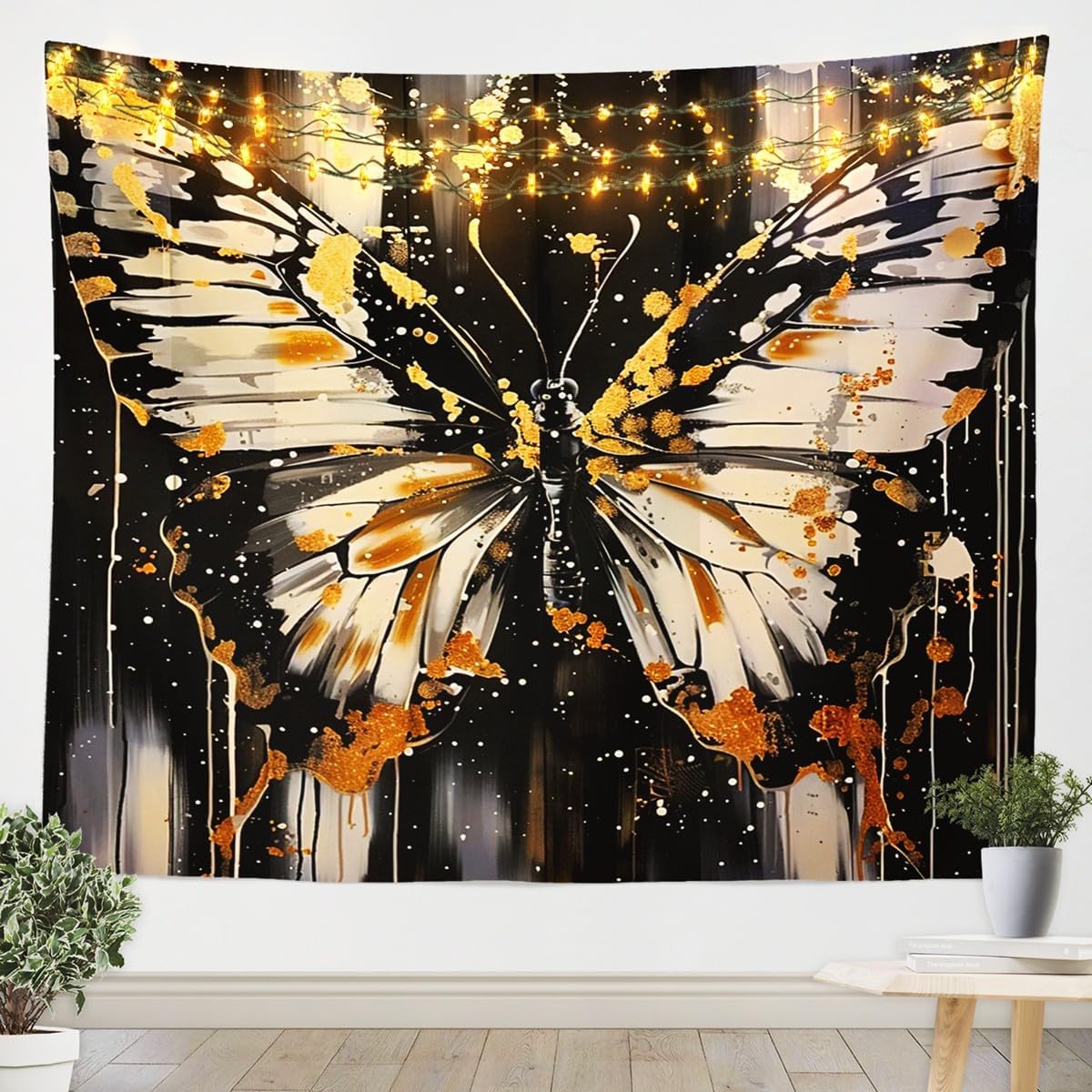 Butterfly Print Tapestry Black Golden Marble Tapestries for