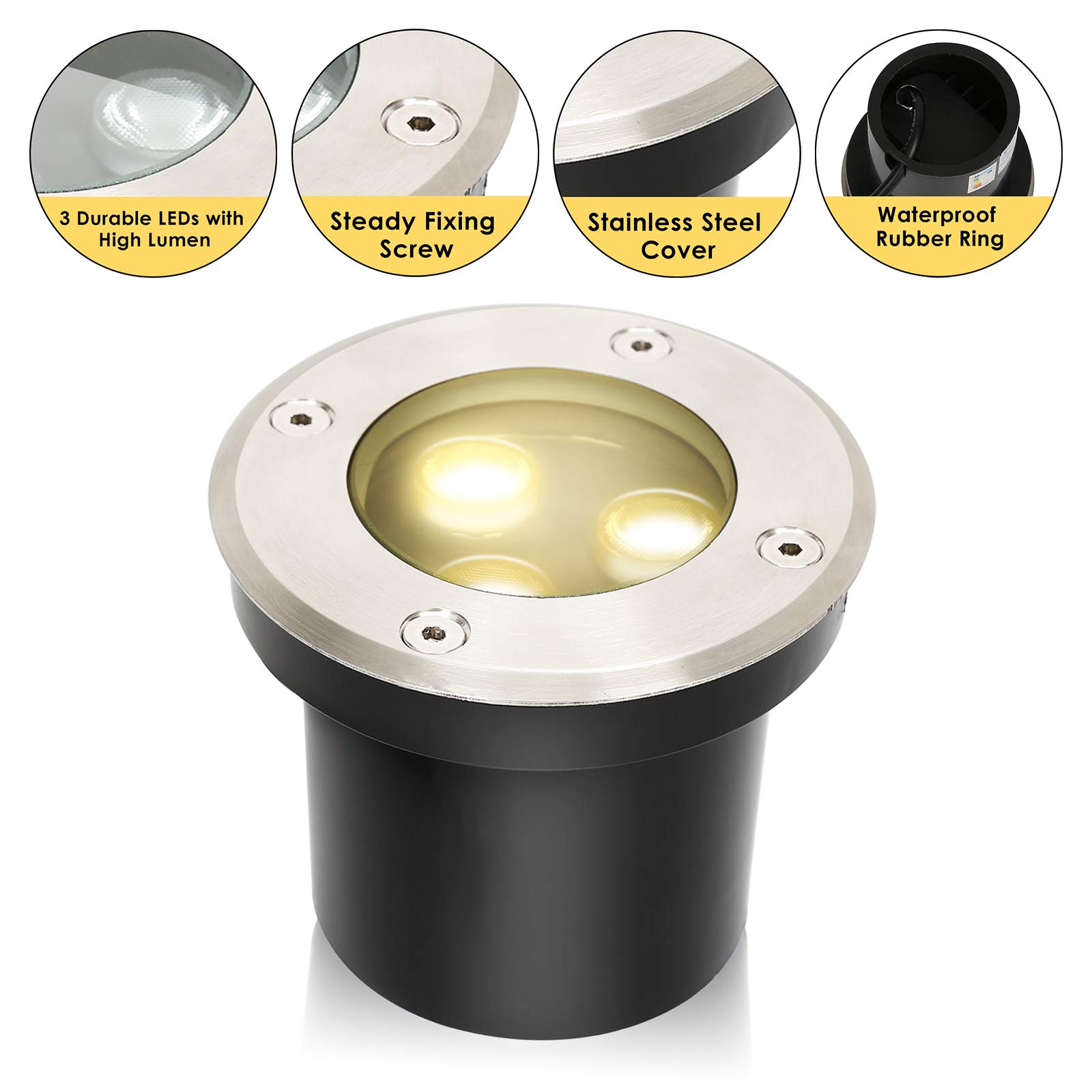 Lospitch Confezione da 8 faretti da terra, luce da terra a LED rotonda da 3 W che può essere carrabile, illuminazione da giardino per esterni impermeabile IP65 per vialetto del balcone del giardino