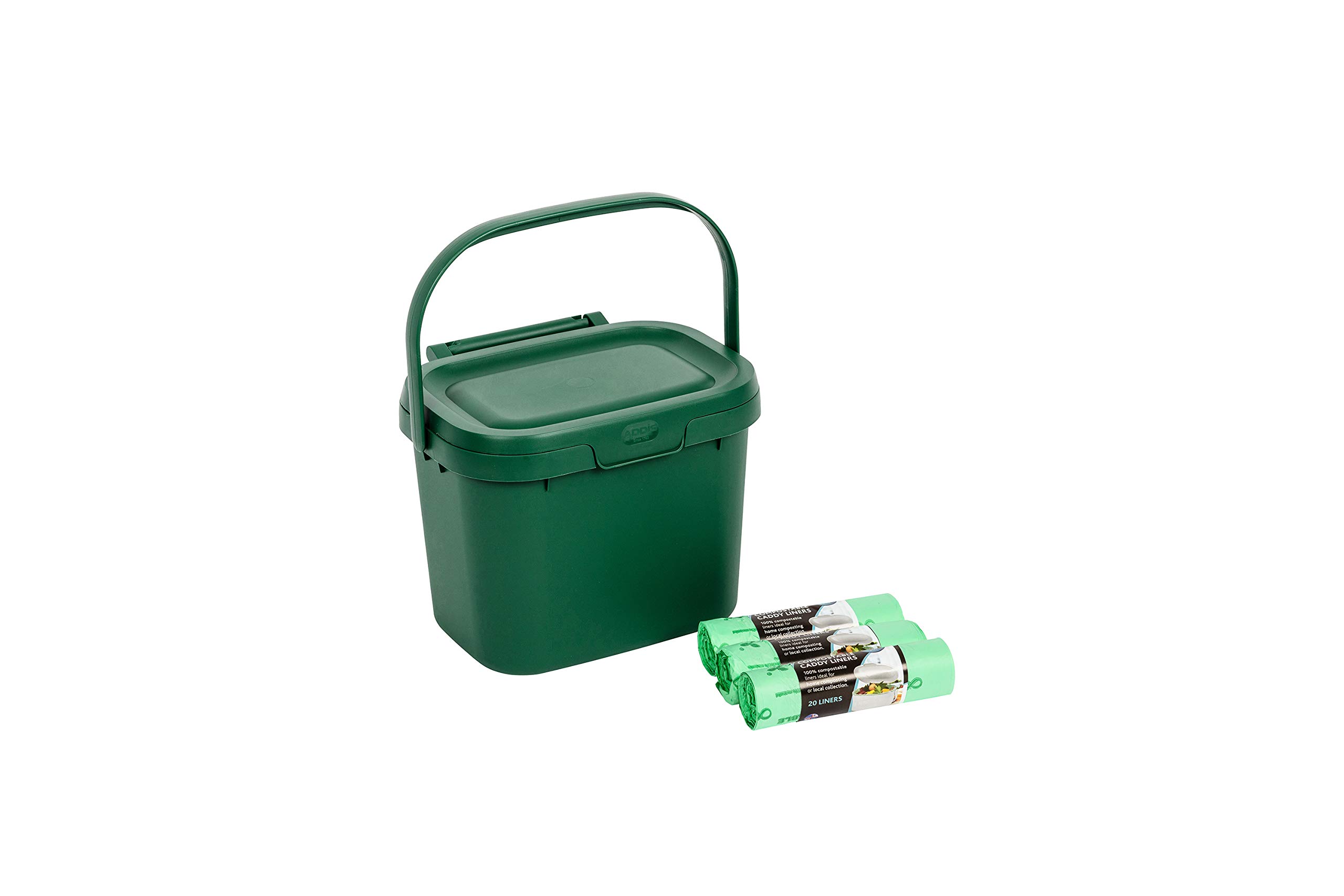 Addis Everyday Kitchen Food Caddy Bin, Dark Green, with 60 x 100% Compost Bags (3 Rolls of 20 Liners), Single โ image 1