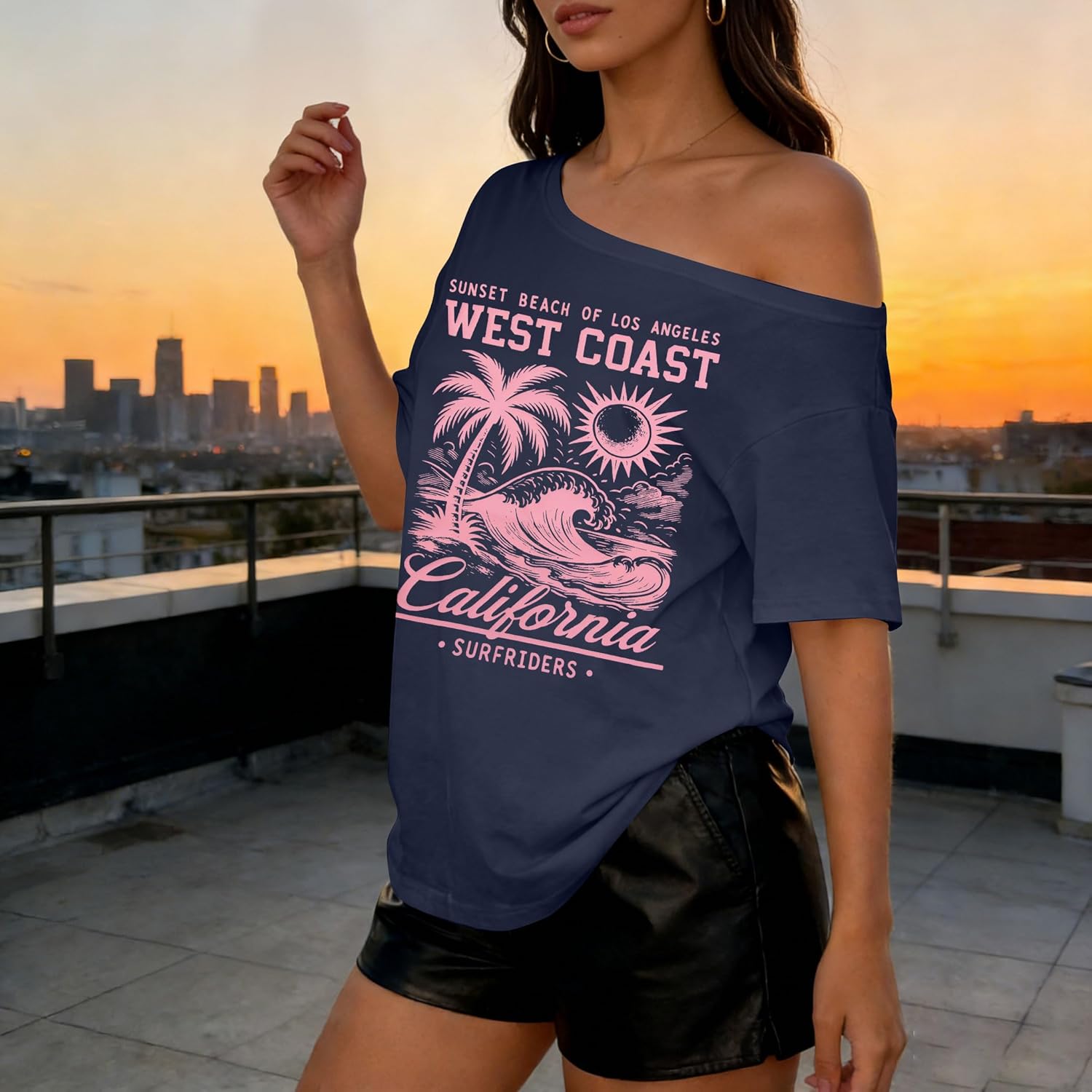 TAOHONG Women Off The Shoulder Tops California Graphic Short Sleeve Tees Casual Summer Vacation Shirts Letter Print T Shirts - Image 6