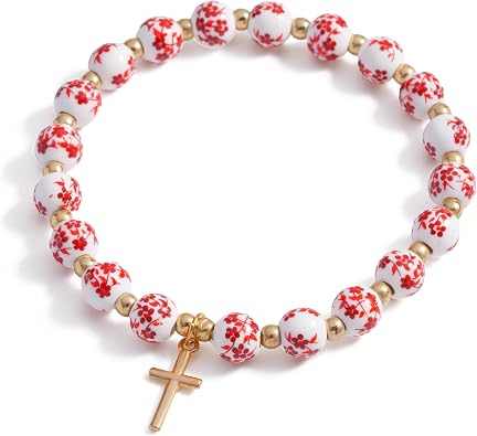 Cross Charm Bracelet for Women,Flower Floral Antique Vintage Bracelet Beaded and Cross Stretch Bracelet Aesthetic Religious Christian First Communion Baptism Confirmation Gifts Jewlery Gifts