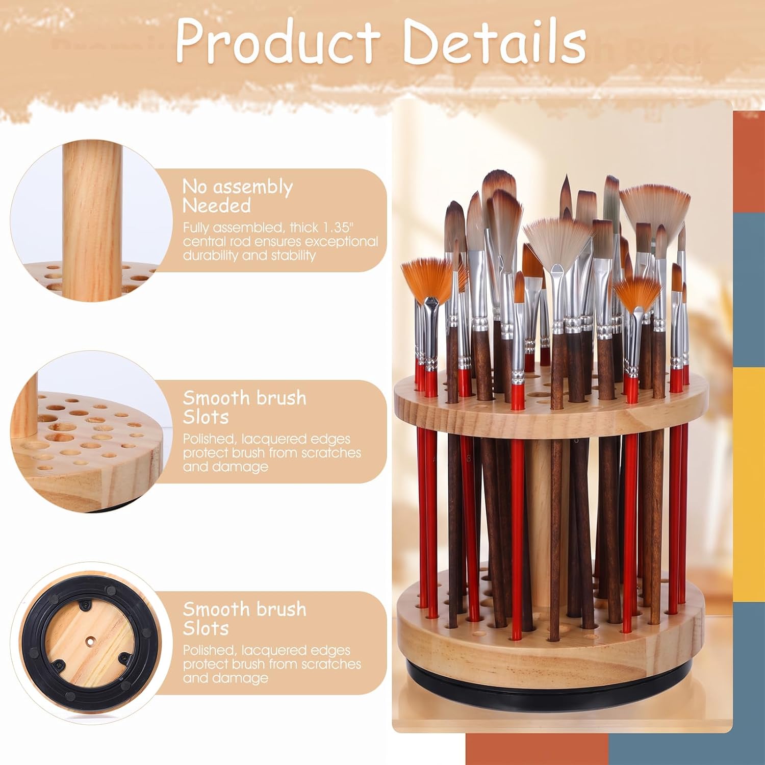 2pcs Paint Brush Holder, 360° Rotating Wooden Organizer for Art Brushes